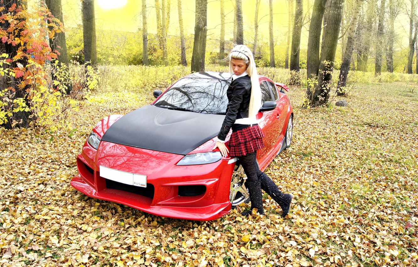 Wallpaper autumn, leaves, girl, Girls, Mazda, red car image for desktop, section девушки
