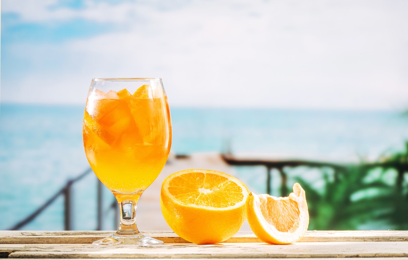 Wallpaper beach, summer, stay, orange, juice, juice, ice, summer, beach, vacation, fresh, fruit, orange, drink, vacation, tropical image for desktop, section еда