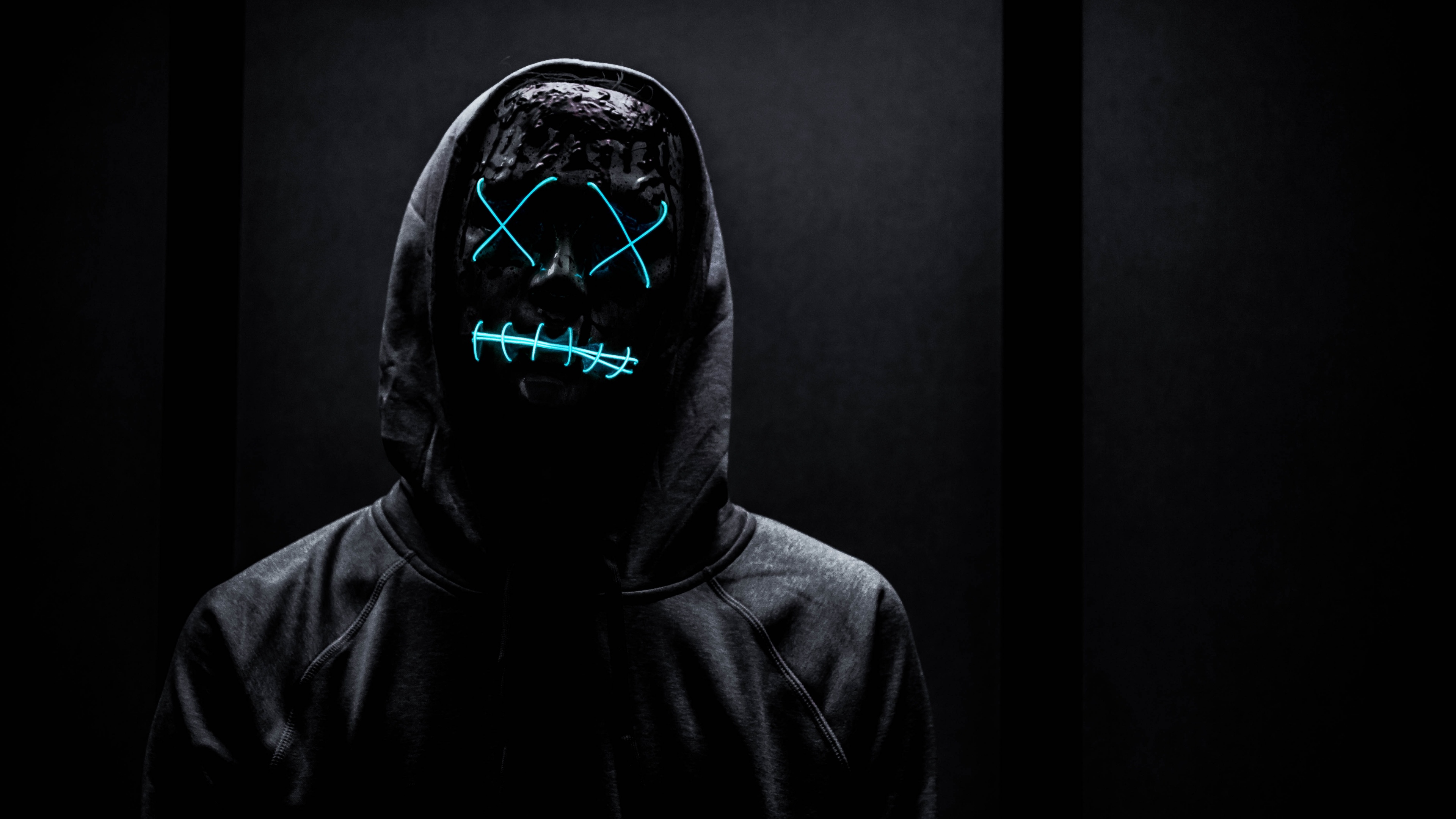 Neon Mask Wallpaper 4K, Man in Black, Dark background, Hoodie, Photography