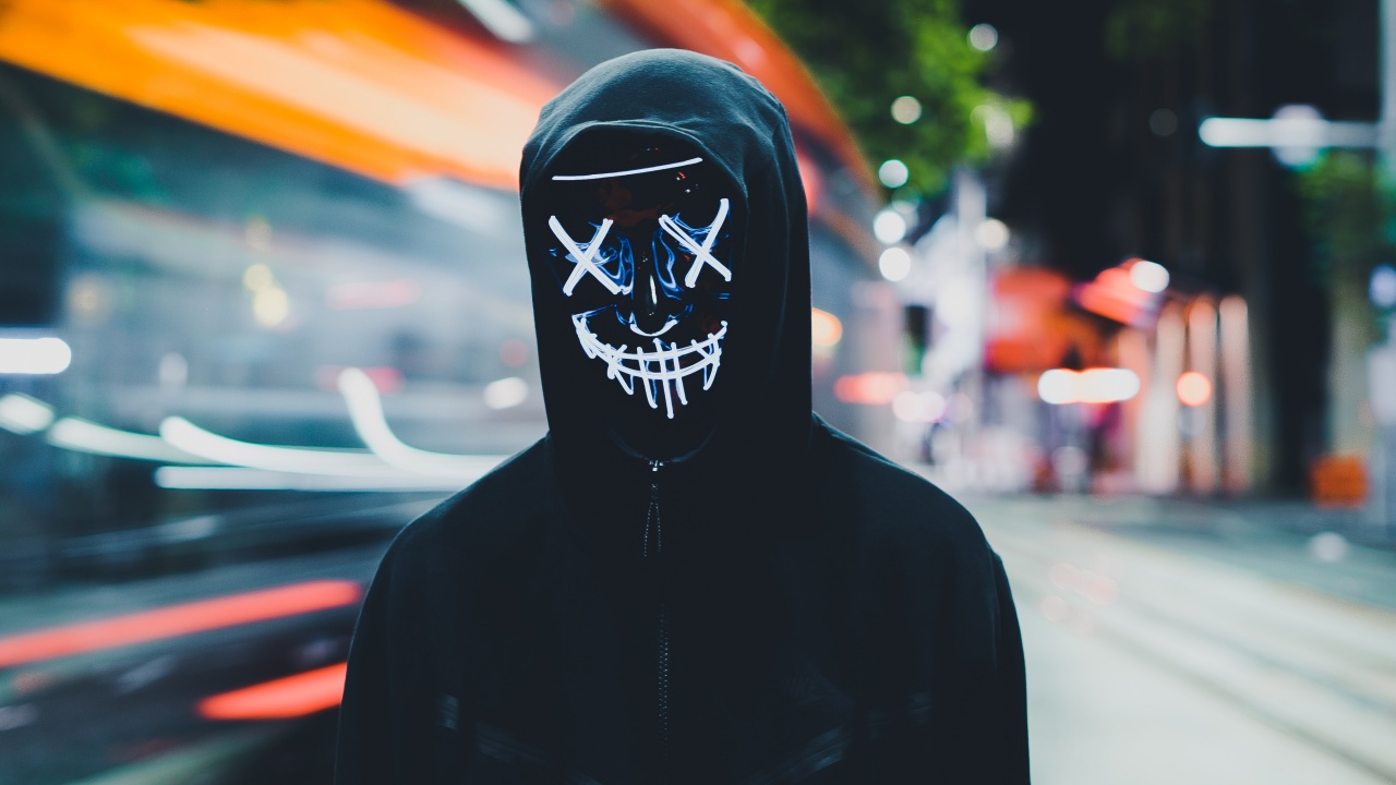 Persons in Mask Wallpaper 4K, Neon Mask, Black Hoodie, Anonymous, 5K, Photography