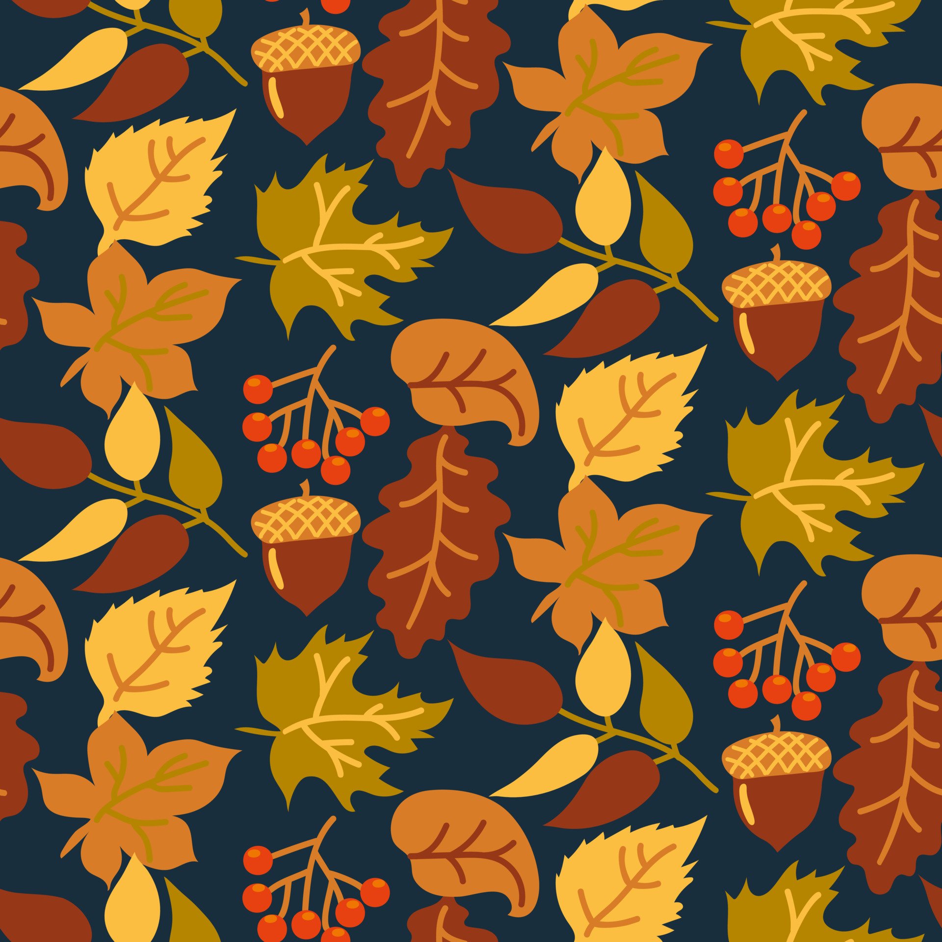 Abstract seamless autumn background with yellow and orange leaves on a dark background. Vector autumn background, backdrop, wallpaper. Fabric pattern. Seamless vector texture