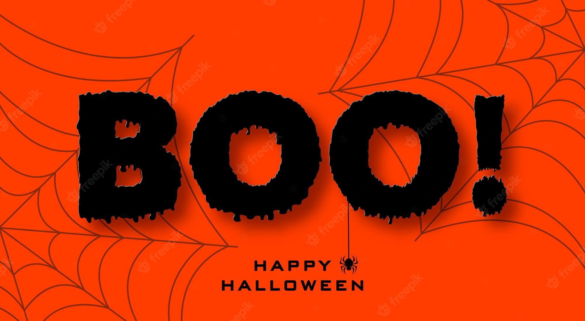 Premium Vector. Halloween banner in paper cut style black text on orange background with cobwebs and spider