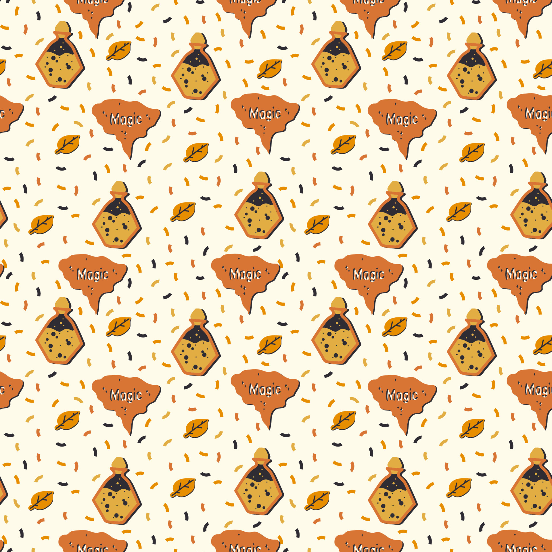 Background for a Halloween party with a bubble. The pattern is a cute Magic inscription in black and orange. Background for children's textile doodle. Vector illustration