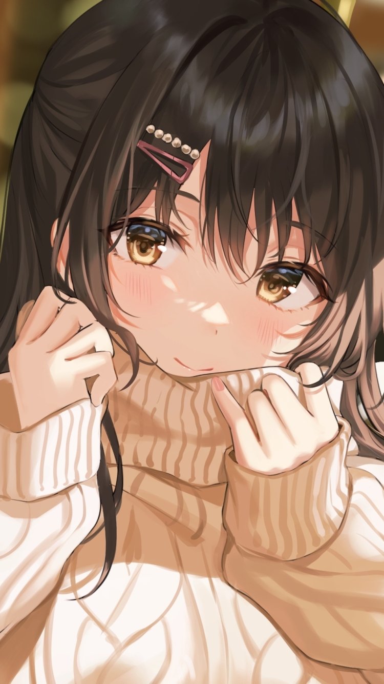 Wallpaper Blushes, Moe Anime Girl, Sweater, Cute Anime Girl, Brown Hair:2105x1702