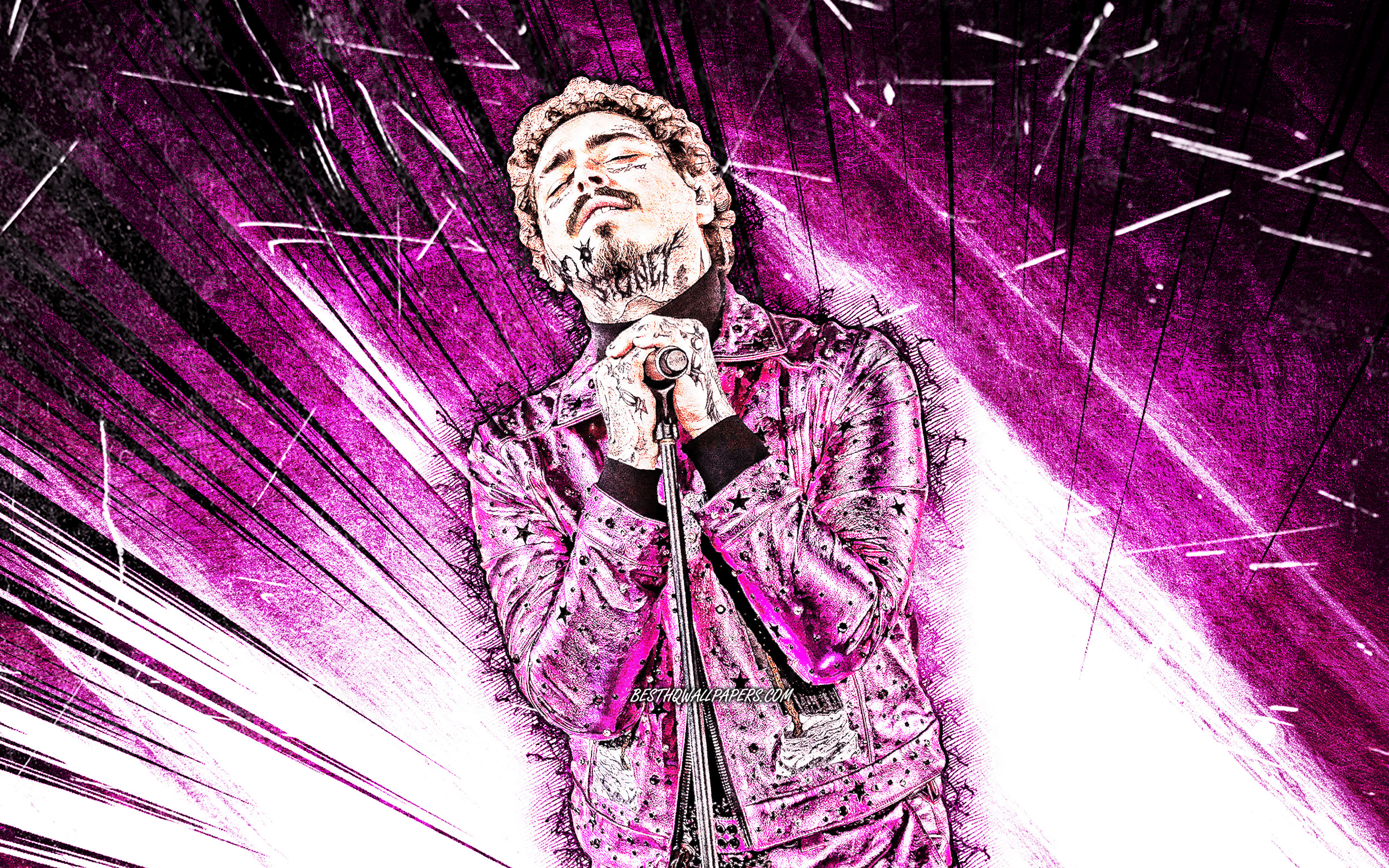 Download wallpaper 4k, Post Malone, grunge art, purple abstract rays, american rapper, music stars, american celebrity, Austin Richard Post, fan art, Post Malone 4K for desktop with resolution 3840x2400. High Quality HD