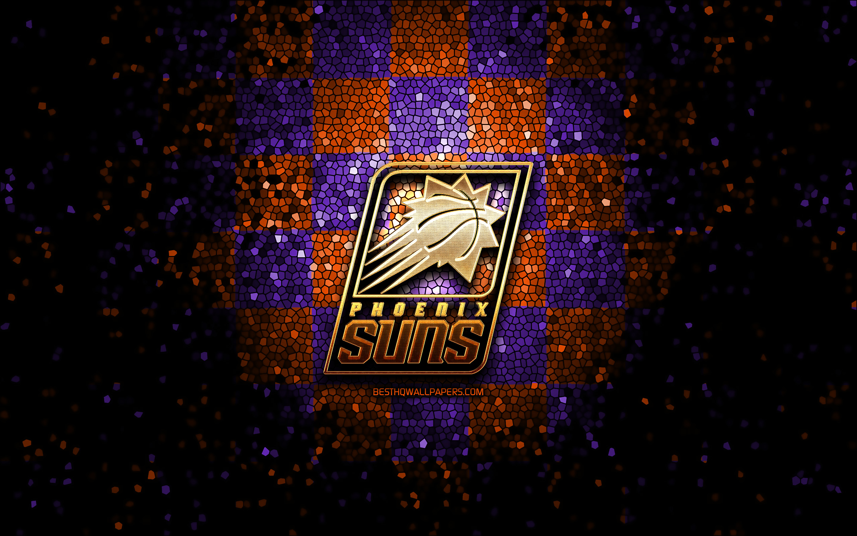 Download wallpaper Phoenix Suns, glitter logo, NBA, orange violet checkered background, USA, american basketball team, mosaic art, basketball, America for desktop with resolution 2880x1800. High Quality HD picture wallpaper