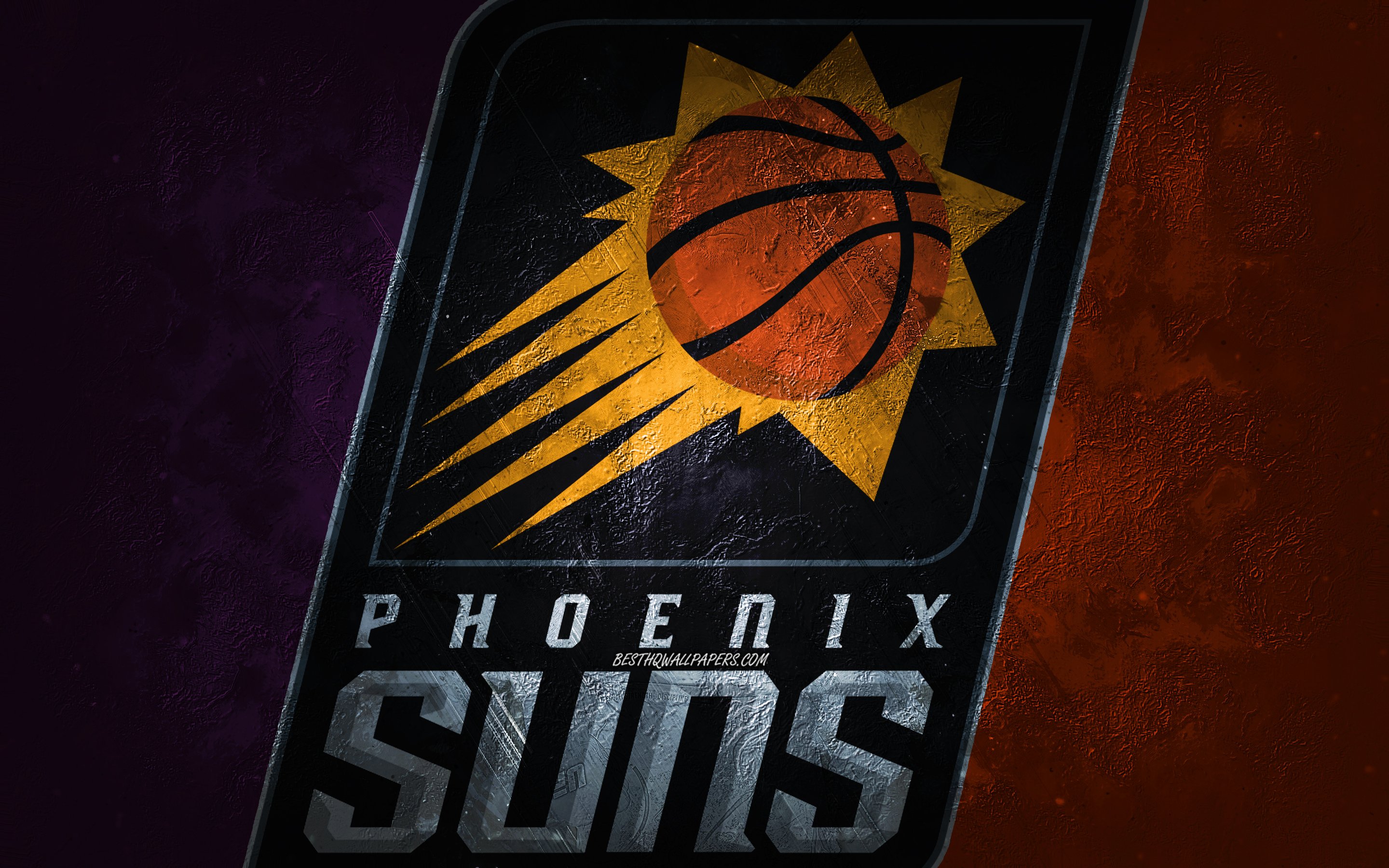 Download wallpaper Phoenix Suns, American basketball team, purple orange stone background, Phoenix Suns logo, grunge art, NBA, basketball, USA, Phoenix Suns emblem for desktop with resolution 2880x1800. High Quality HD picture wallpaper