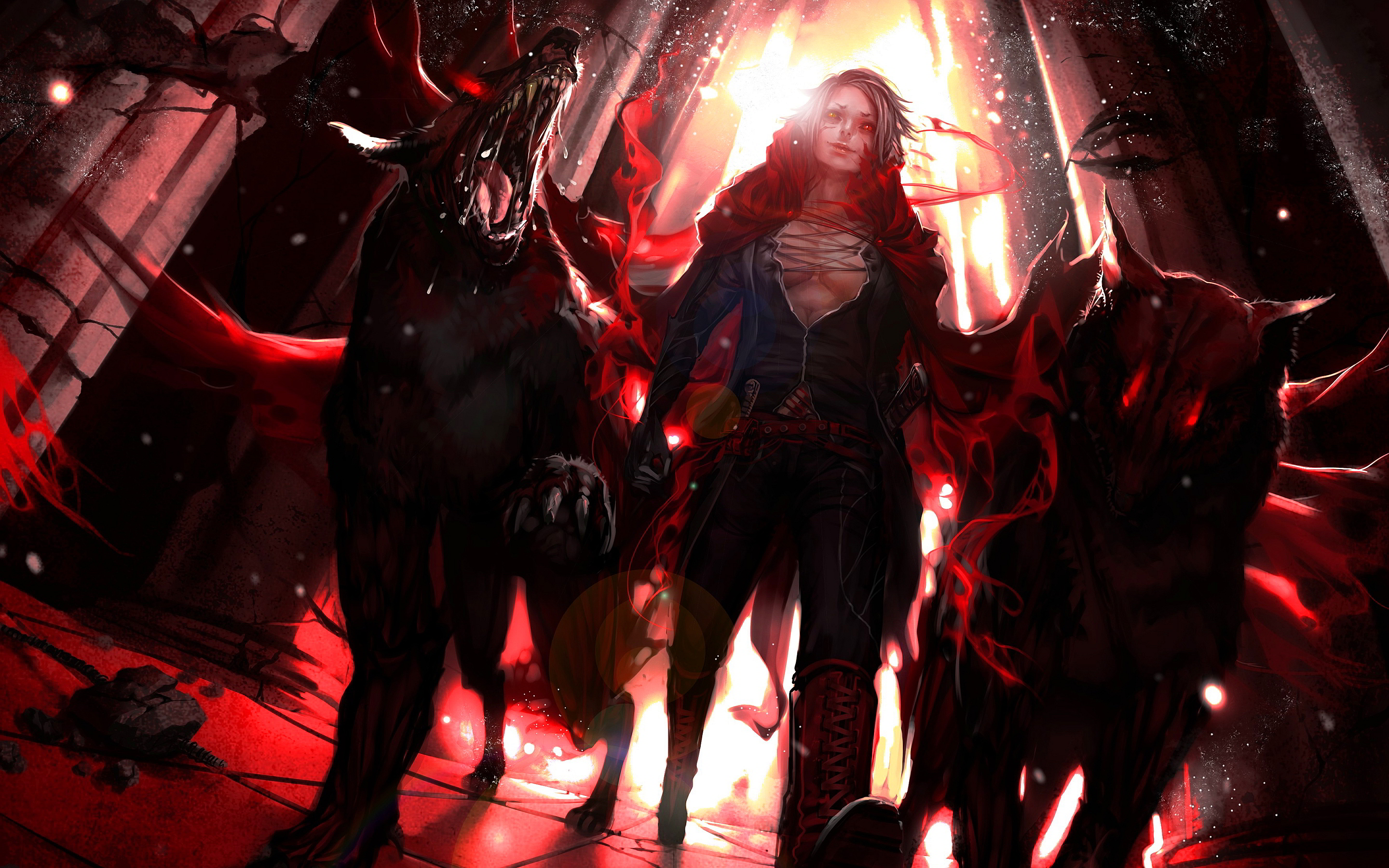 anime wallpaper, cg artwork, anime, red, cartoon, long hair