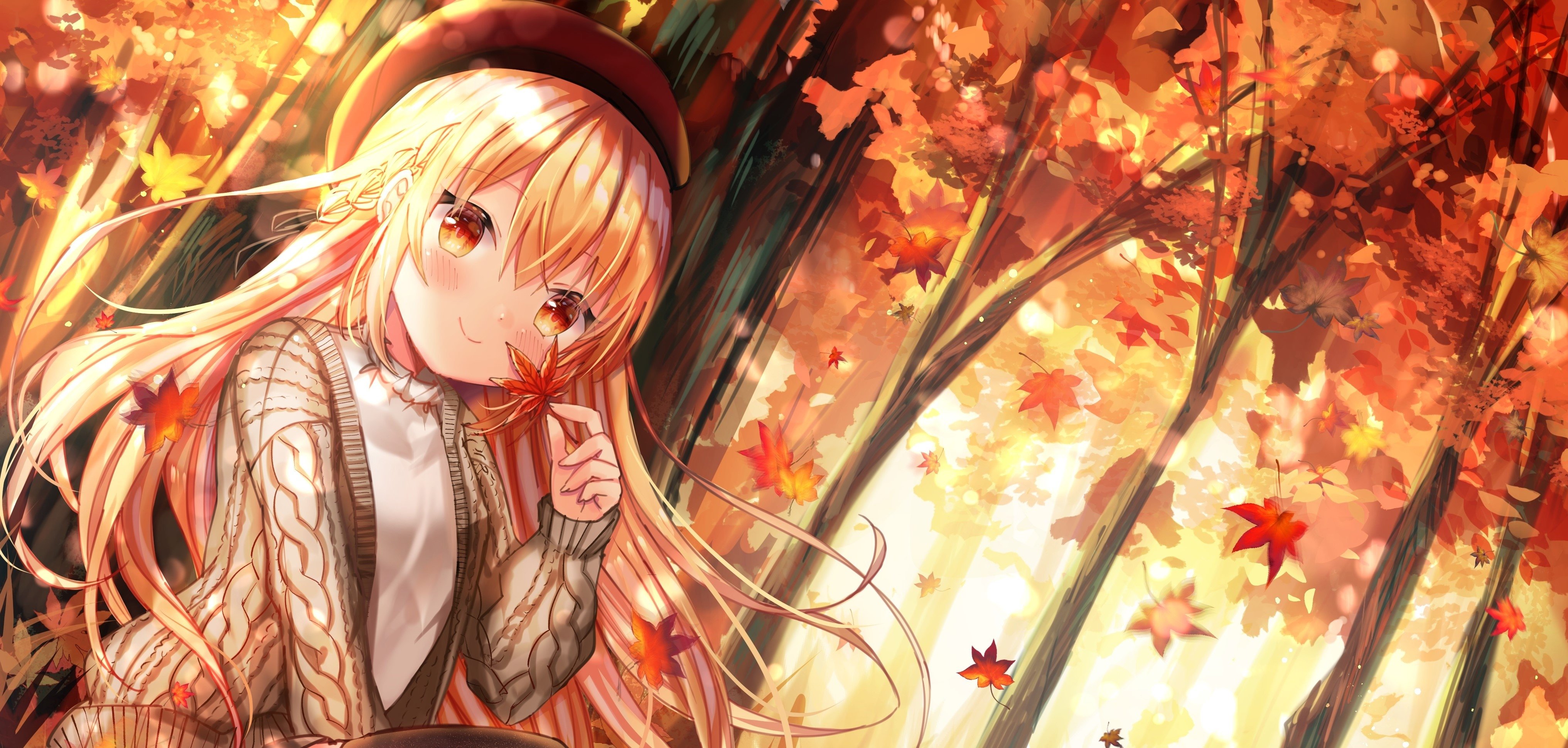 Download 2560x1440 Pretty Anime Girl, Autumn, Sitting, Trees, Fall, Smiling, Cute Wallpaper for iMac 27 inch