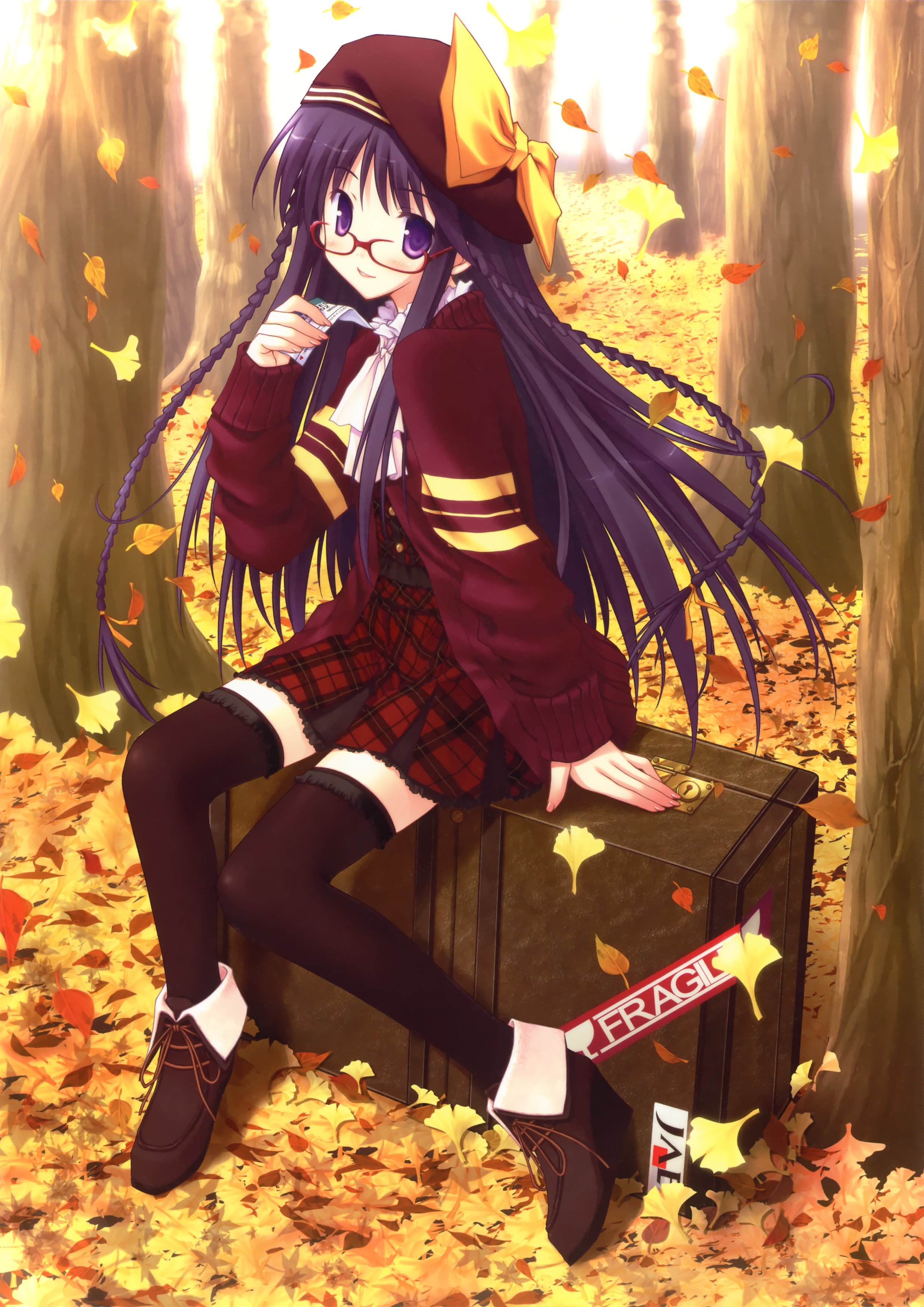 Original anime girl school uniform leaves autumn cute beautiful dress long hair wallpaperx3500