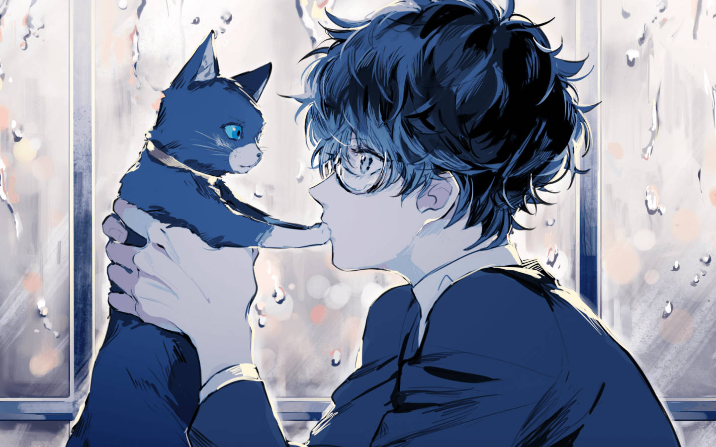 Download Cute Anime Guy And Blue Cat Wallpaper