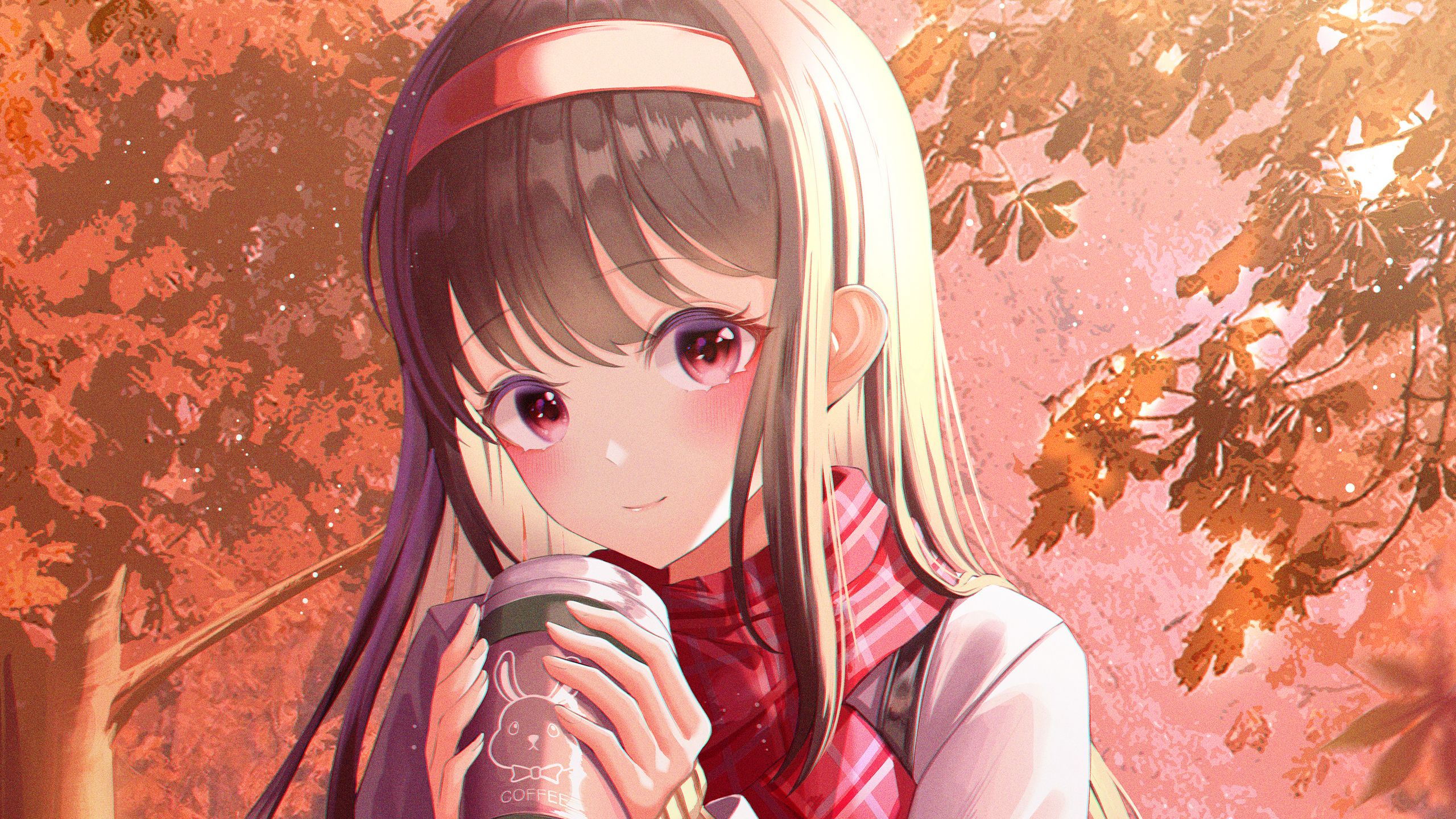 Download wallpaper 2560x1440 girl, coffee, autumn, anime, art widescreen 16:9 HD background