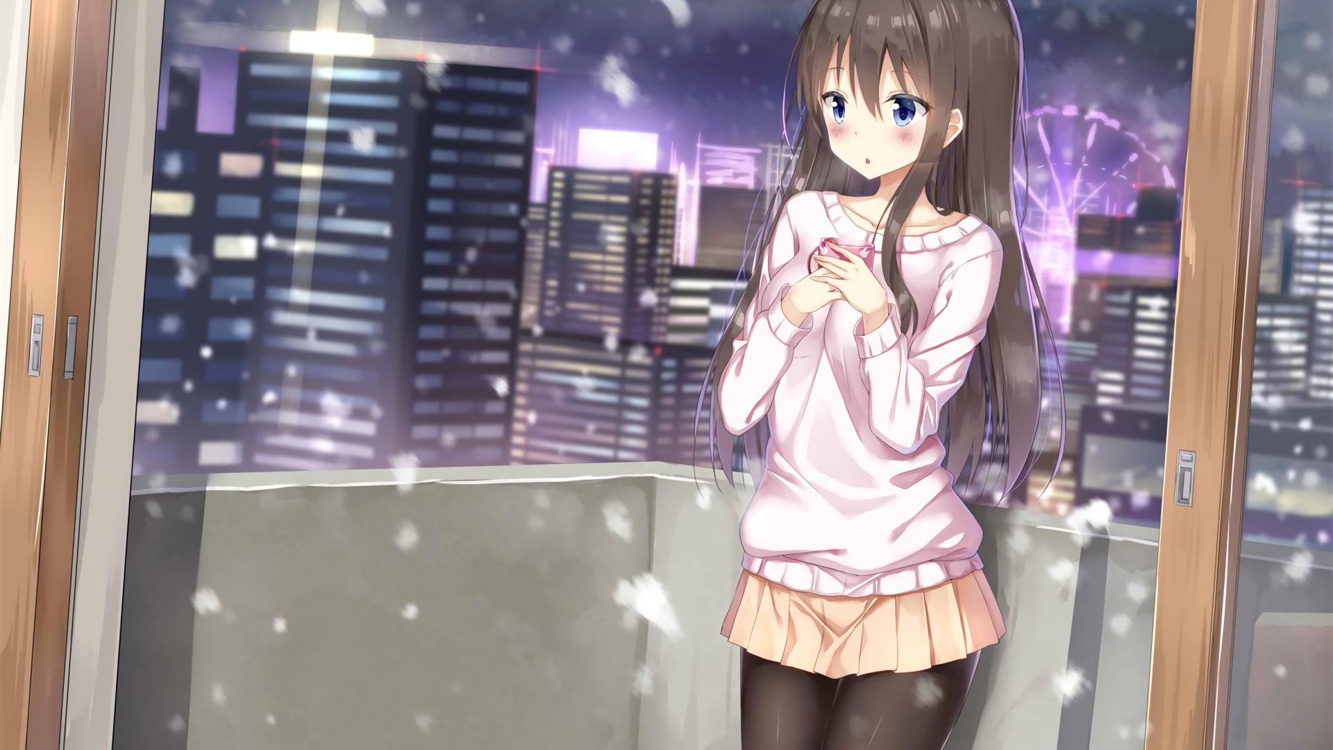 Desktop Wallpaper Cute Long Hair Anime Girl Enjoying Snow Fall, HD Image, Picture, Background, R Lq5g