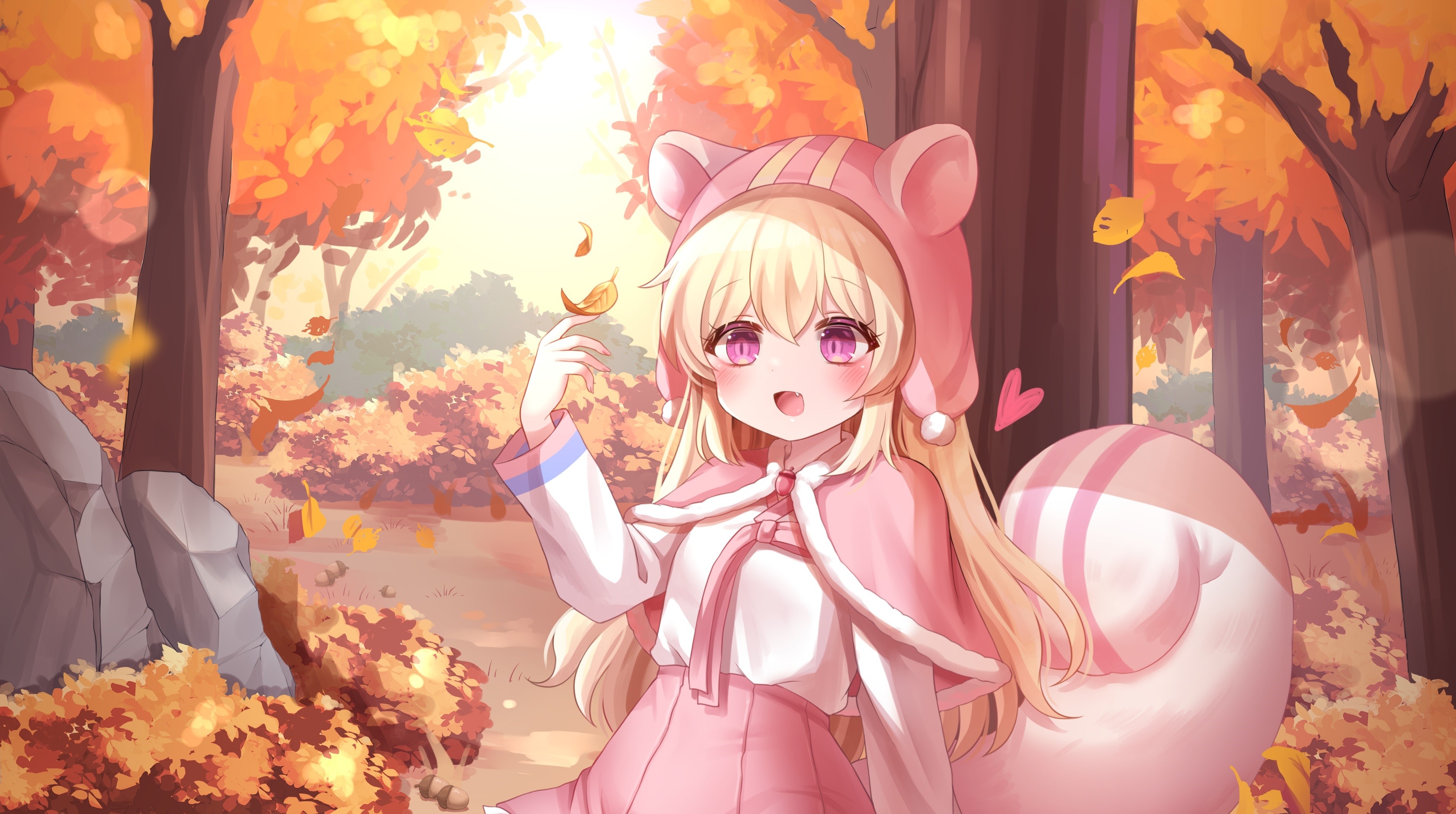 Download 3750x2097 Animal Ears, Autumn, Blonde, Cute Anime Girl, Blushes, Leaves, Fang Wallpaper