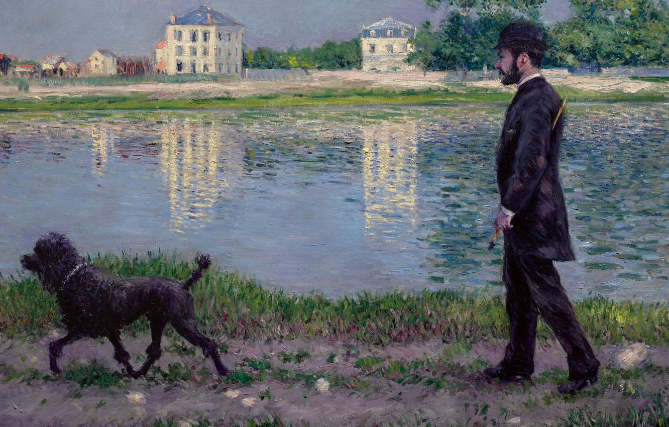 Wallpaper French painter, Gustave Caillebotte, 1884, Gustave Caillebotte, French painter, oil on canvas, On the banks of the Seine near Petit Gennevilliers, Richard Gallo and his dog Dick, On the banks of