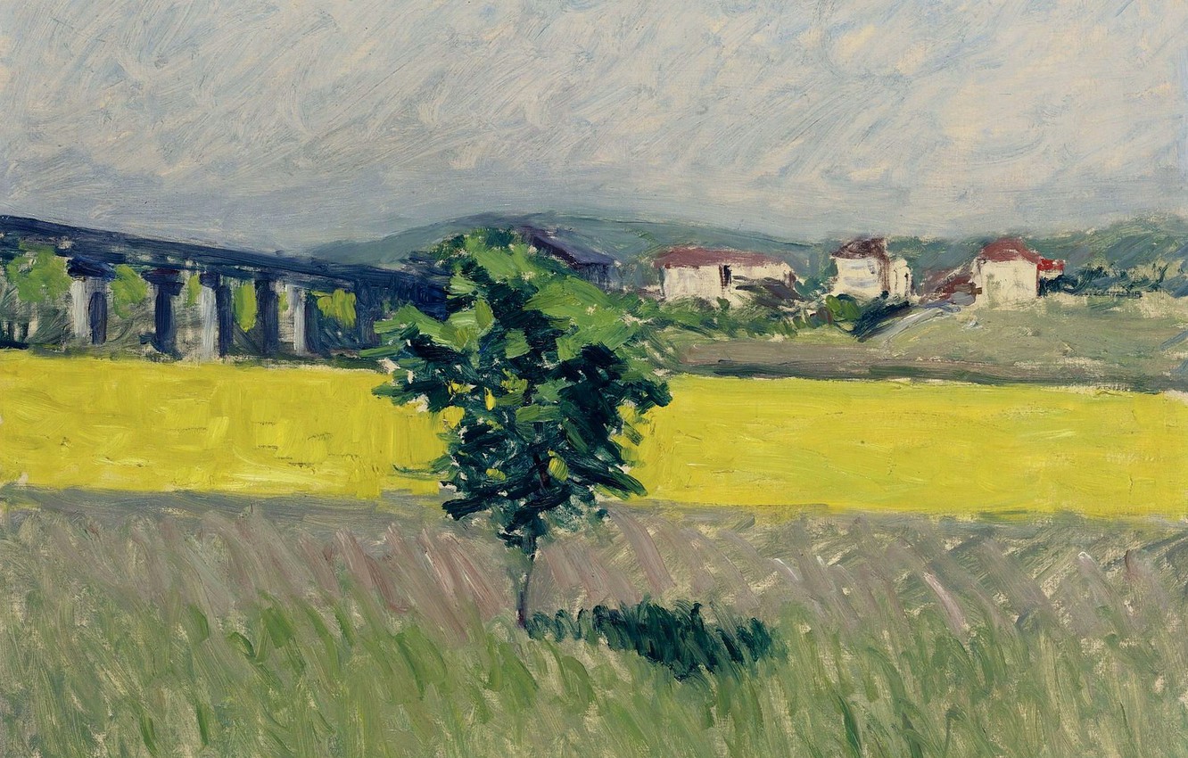 Wallpaper landscape, picture, Gustave Caillebotte, Gustave Cailleibotte, The meadow near the Bridge at Argenteuil image for desktop, section живопись