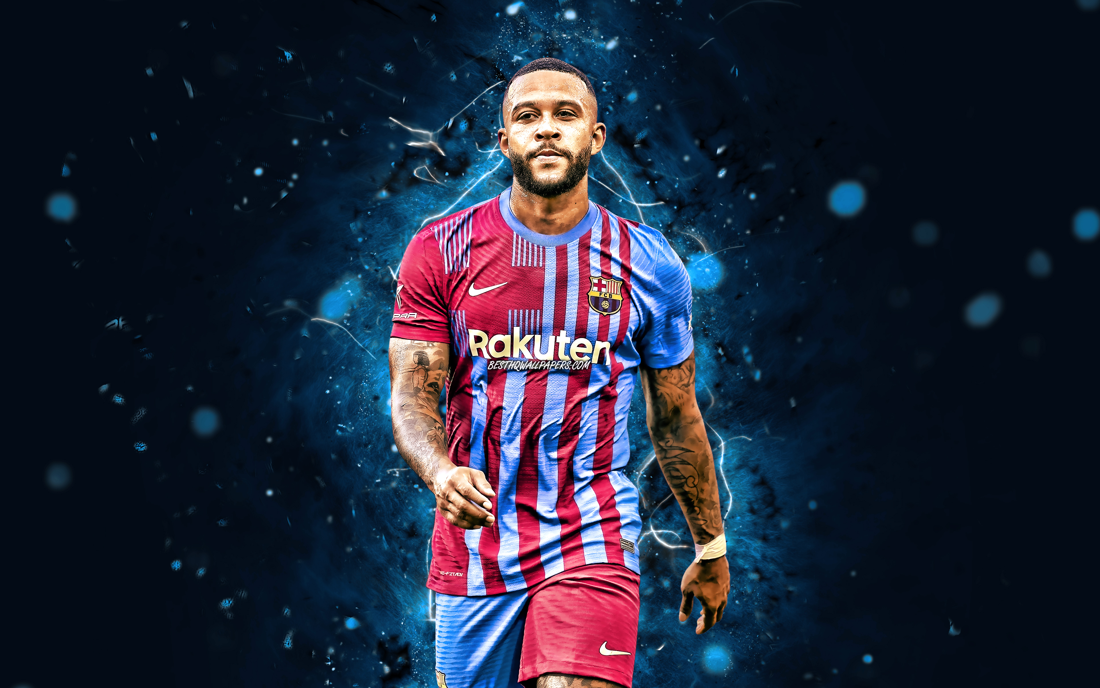 Download wallpaper Memphis Depay Barcelona, 4k, 2022, blue neon lights, FCB, dutch footballers, FC Barcelona, Barca, football, LaLiga, Memphis Depay 4K, soccer, Barcelona FC, Memphis Depay, La Liga for desktop with resolution