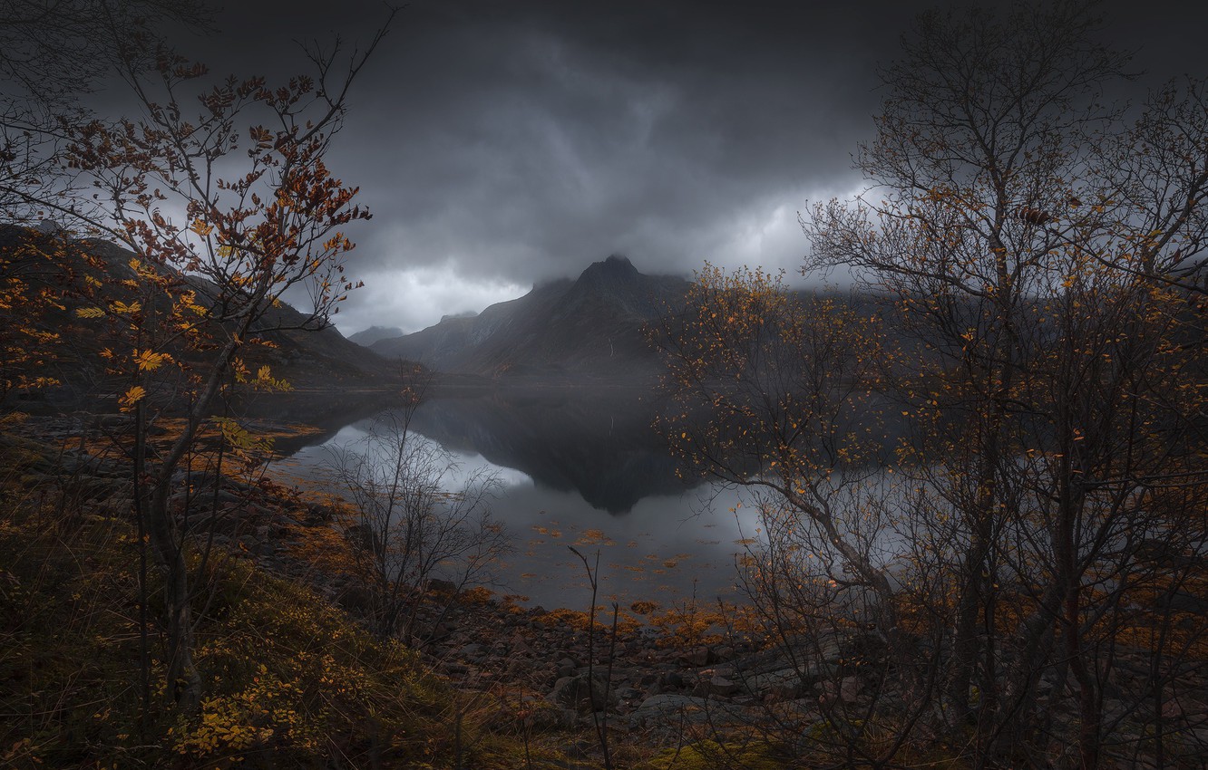 Wallpaper autumn, the sky, water, mountains, nature, lake, river, rocks, grey clouds image for desktop, section природа