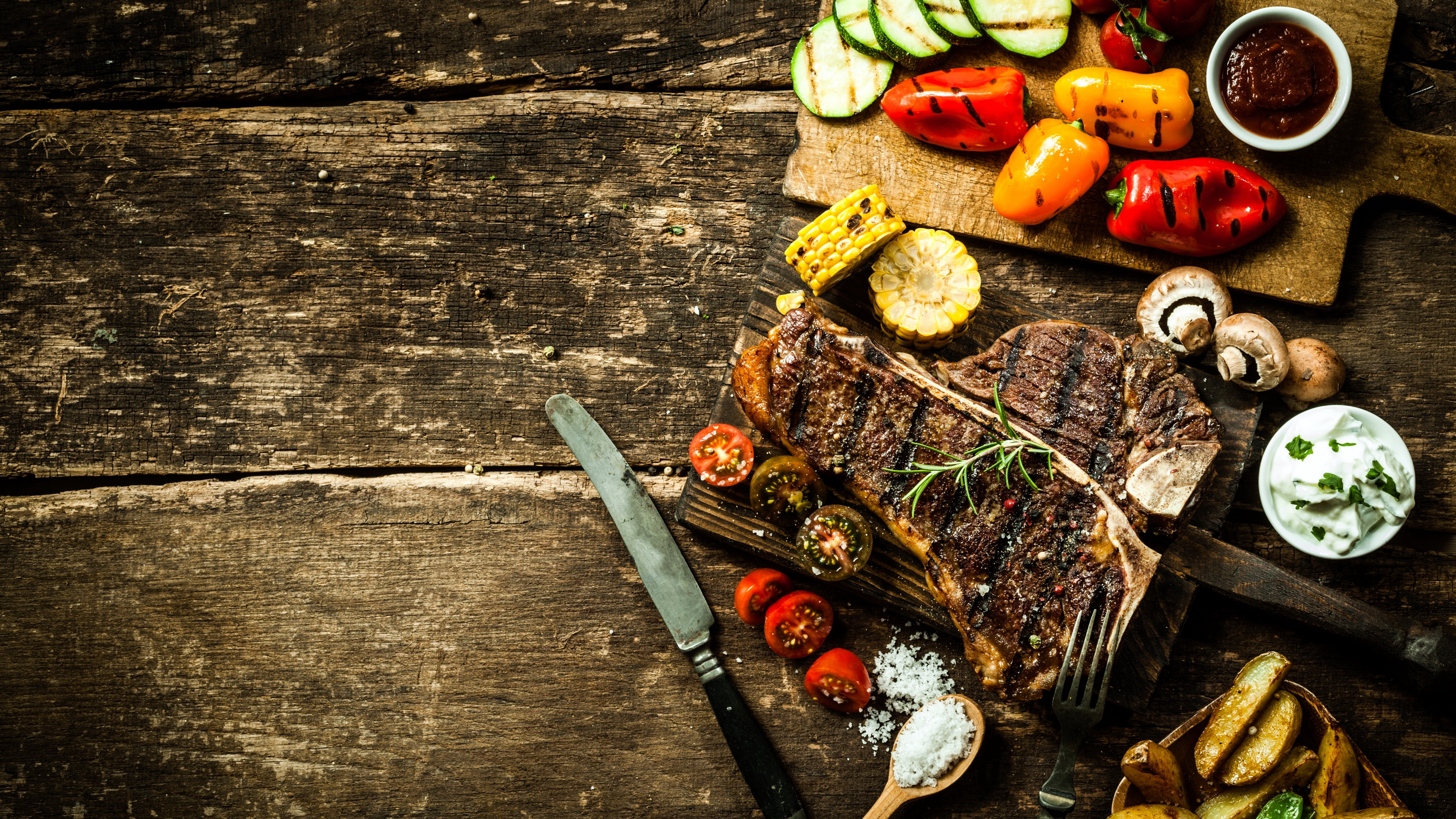 Wallpaper food, cooking, grill, vegetables, peppers, mushrooms, tomatoes, corn, potatoes, meat, steak, sauces., Food