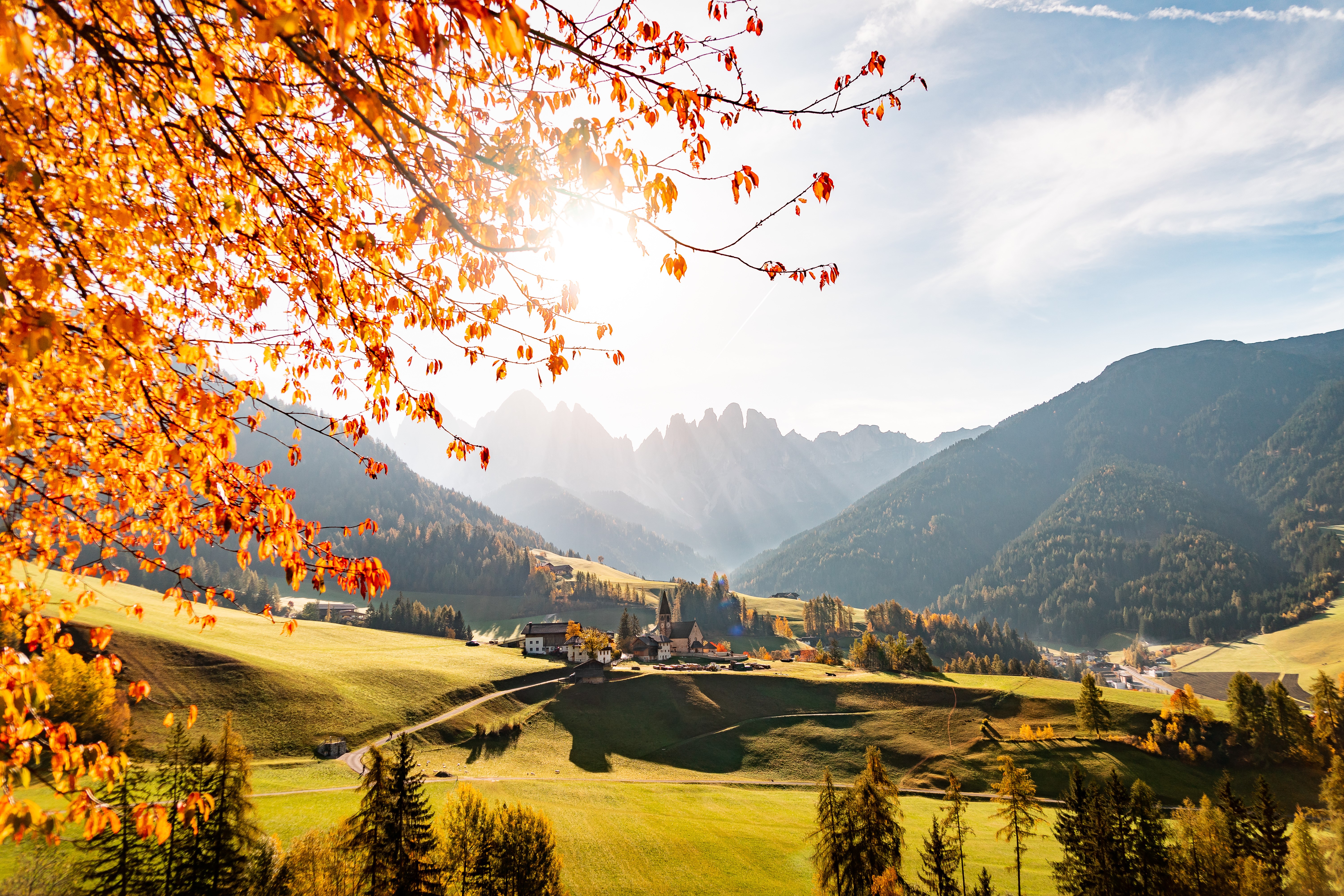 4K, 5K, 6K, St. Magdalena Village, Val di Funes, Autumn, Italy, Mountains, Forests, Village, Valley Gallery HD Wallpaper