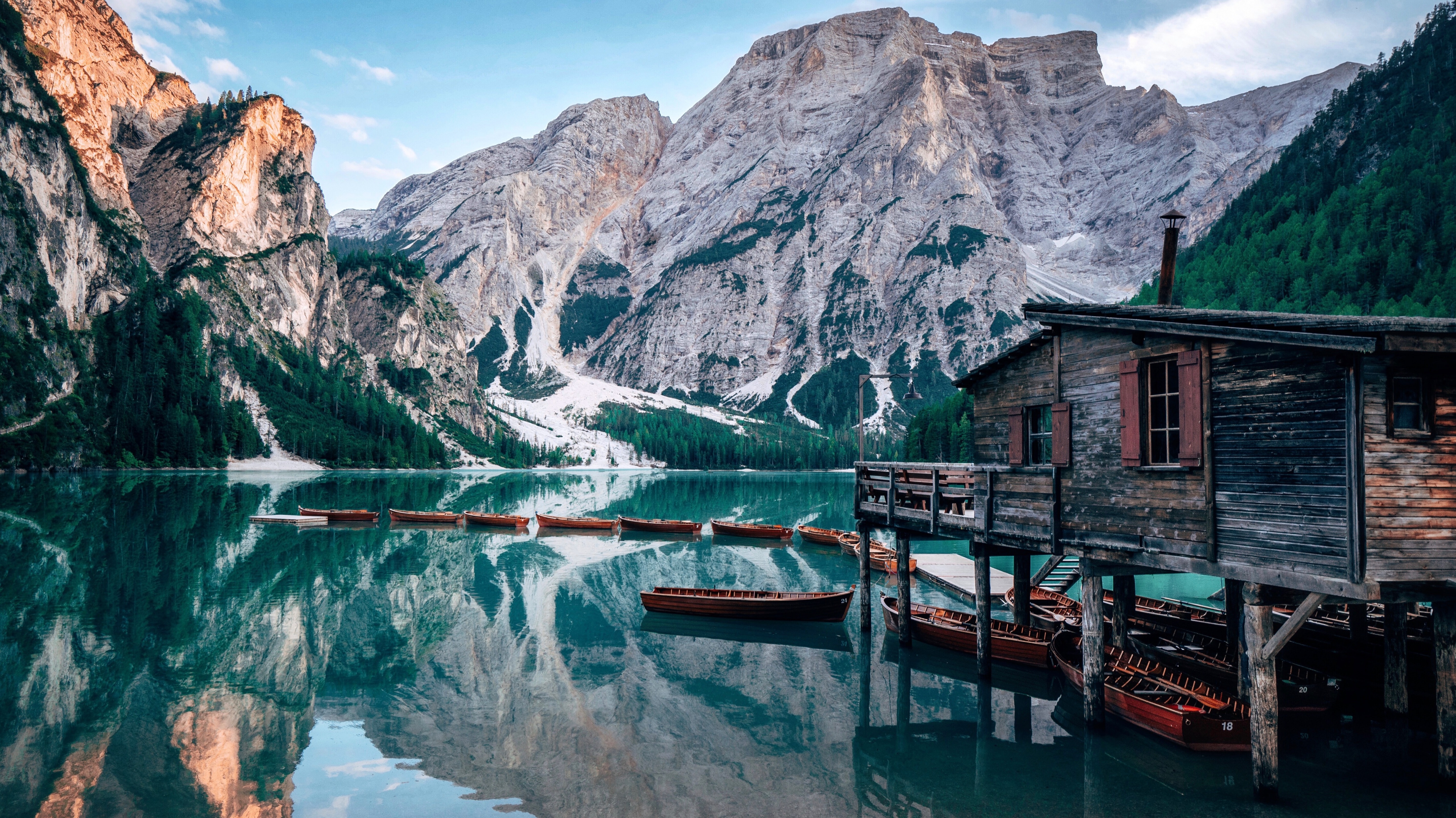 Lake Braies Wallpaper 4K, Italy, Wooden House, Boats, Mountains, Glacier, Nature