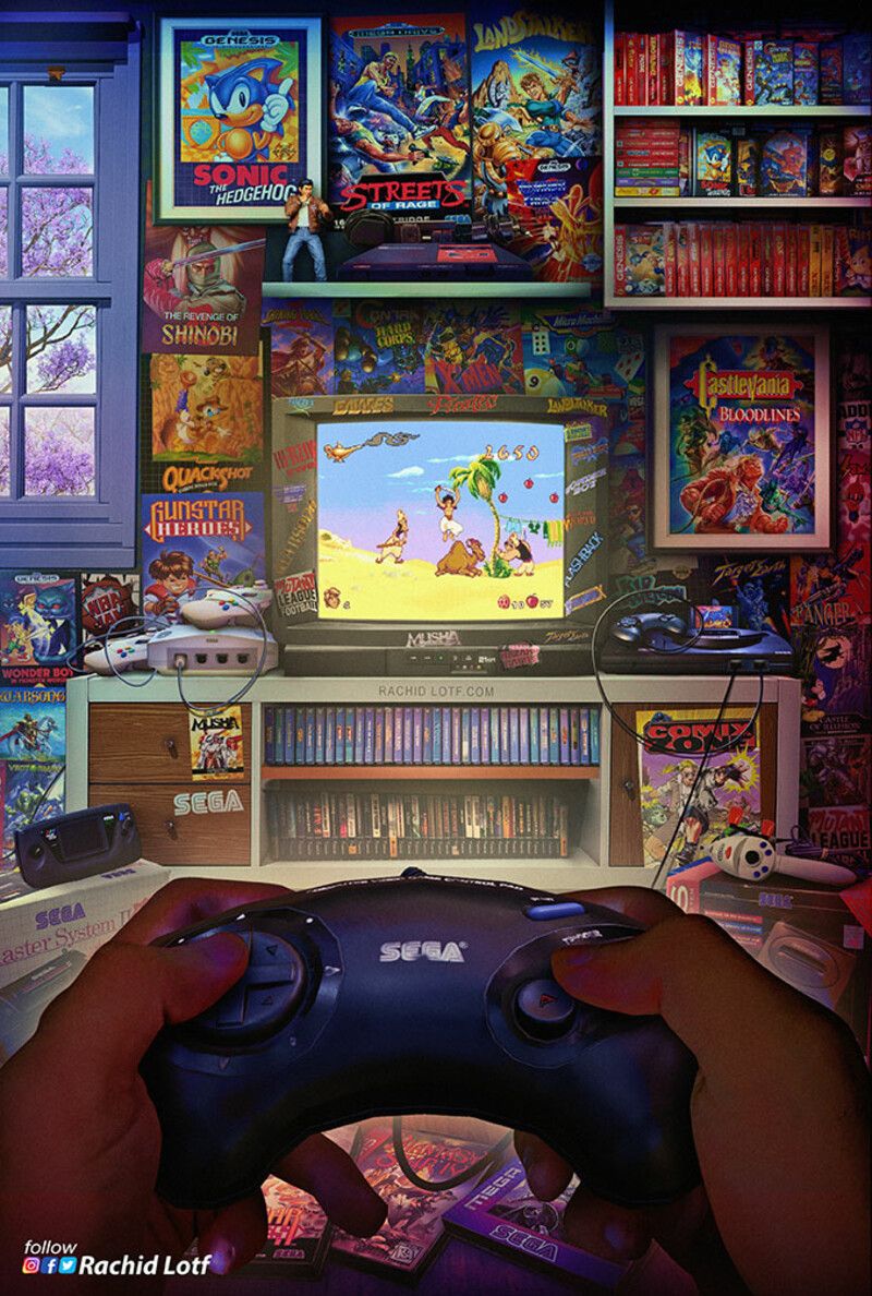 Sega Genesis Megadrive, Rachid Lotf. Retro Gaming Art, Retro Games Wallpaper, Retro Games Room