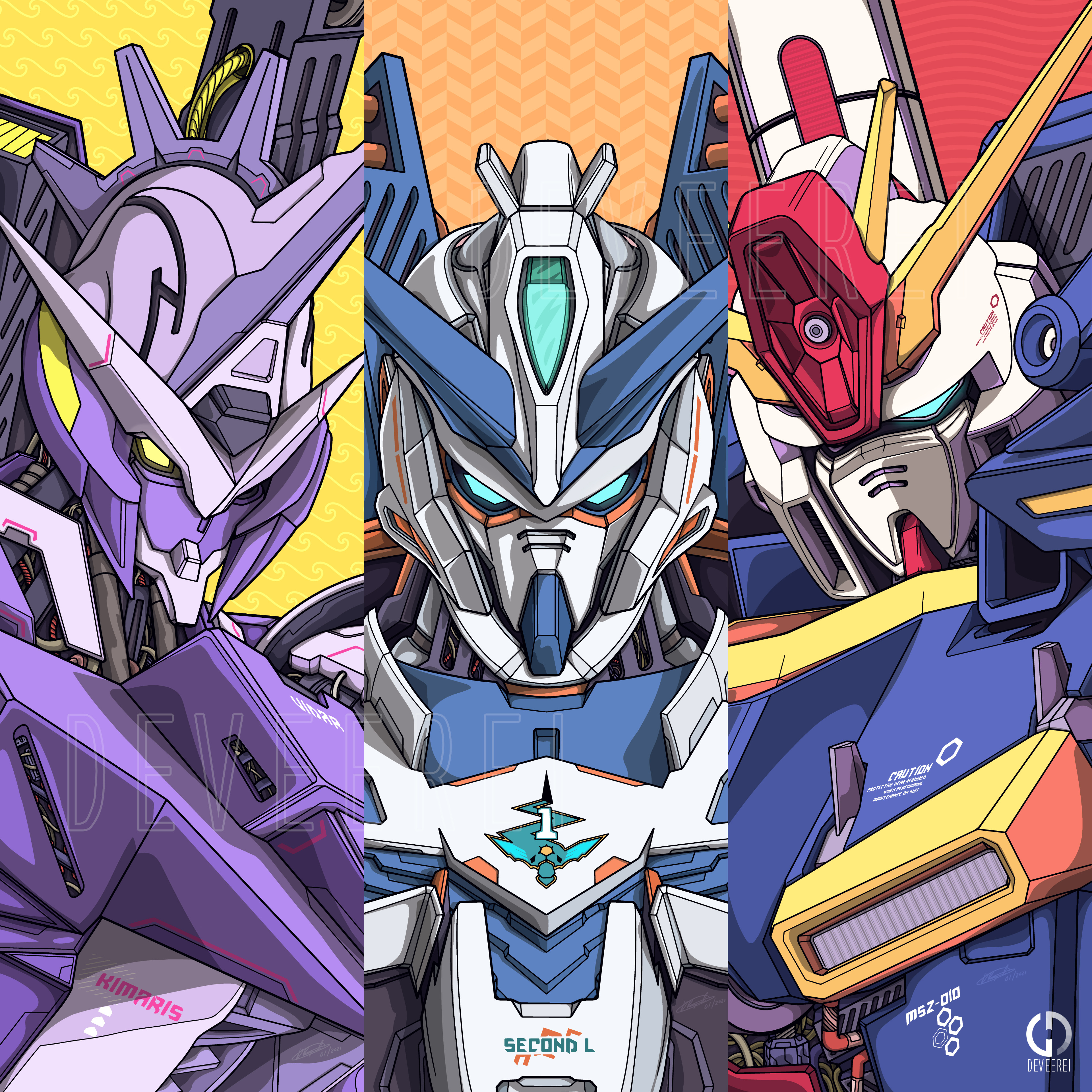 Gundam Trio Artwork (Kimaris, Blue Frame, ZZ Gundam)
