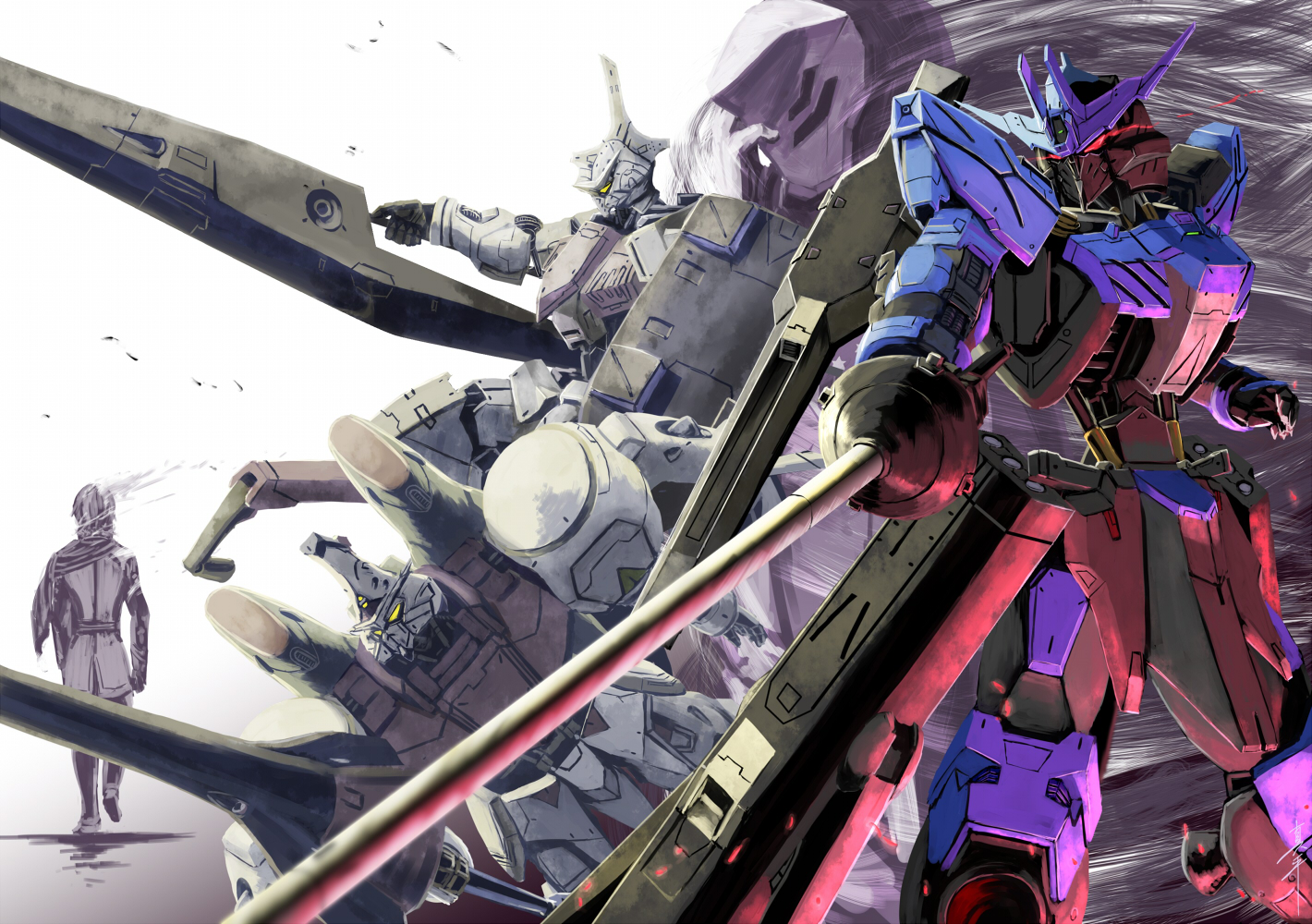 gaelio bauduin, vidar, gundam vidar, gundam kimaris trooper, and gundam kimaris (gundam and 1 more) drawn by shinpei_(shimpay)