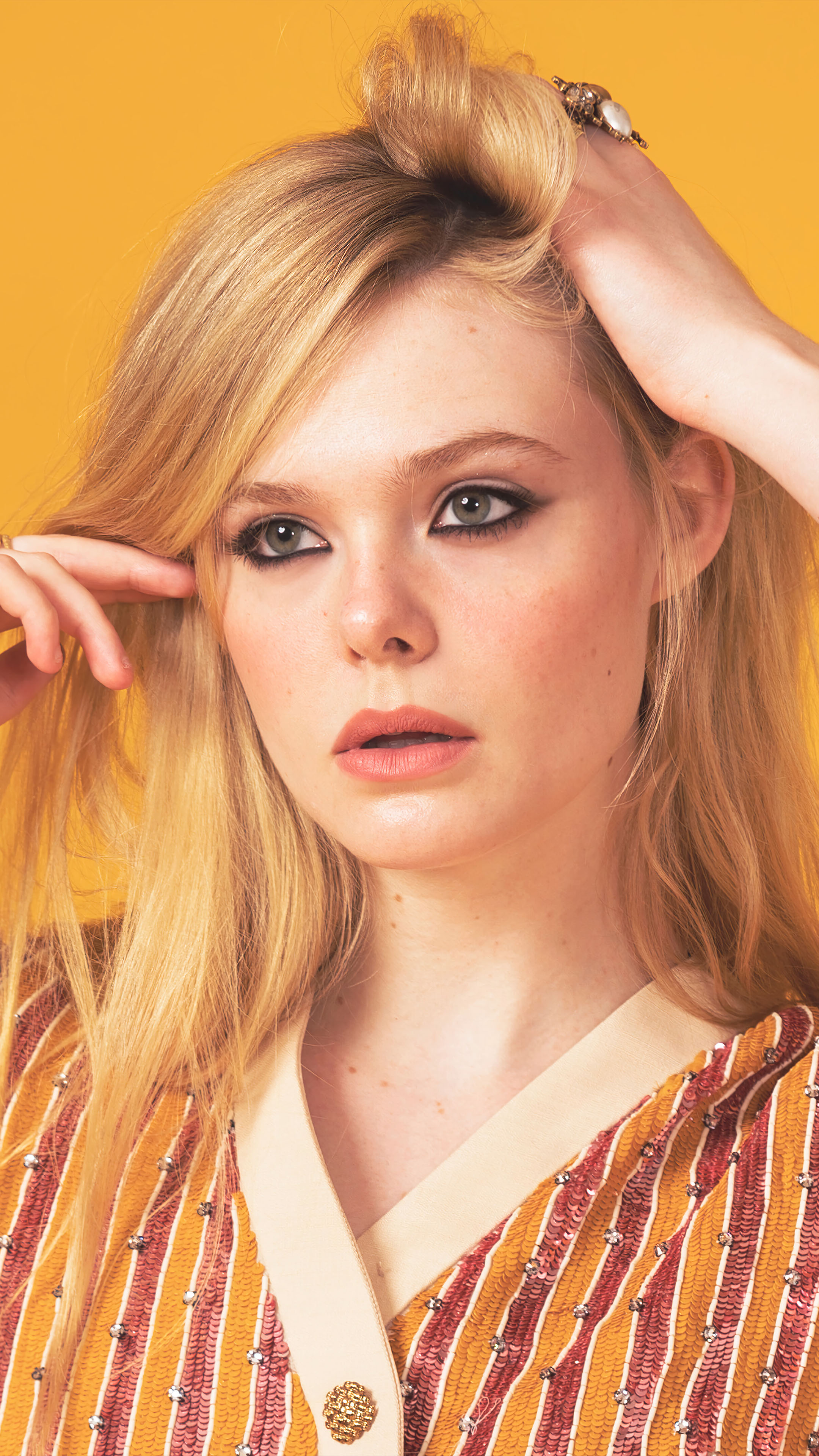 Elle Fanning 2021 Photohoot Yellow Background 4K Ultra HD Mobile Wallpaper