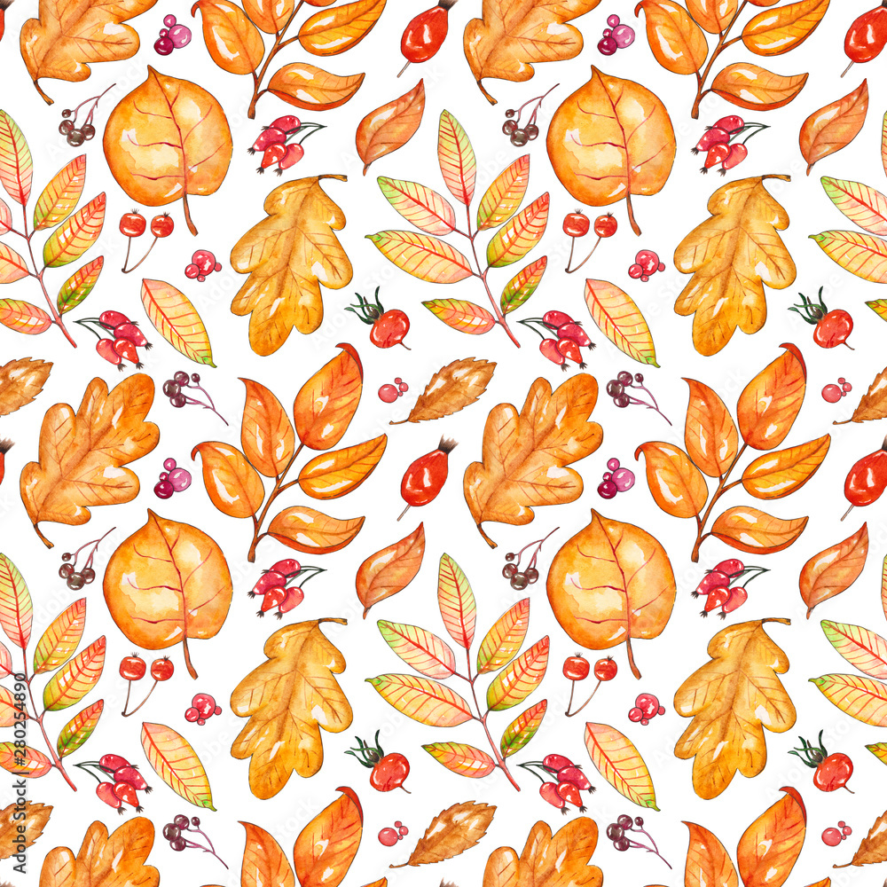 Hand painted watercolor autumn leaves seamless pattern. It is suitable for thanksgiving cards or wrapping paper, halloween design, recipe or menu, background, wallpaper. Stock Illustration