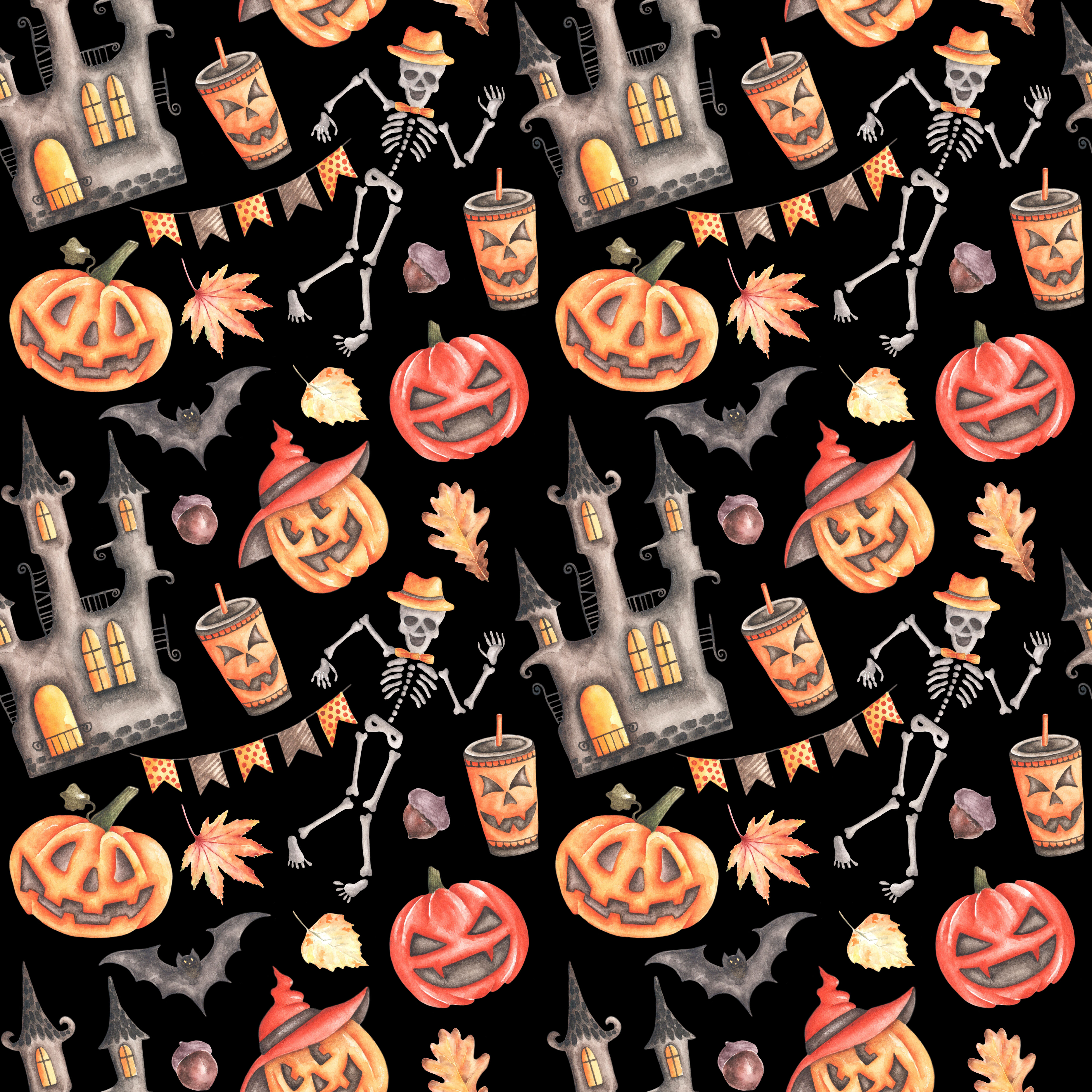 Halloween party watercolor seamless pattern. Pumpkin pattern. Black By illustrator Sabina Z