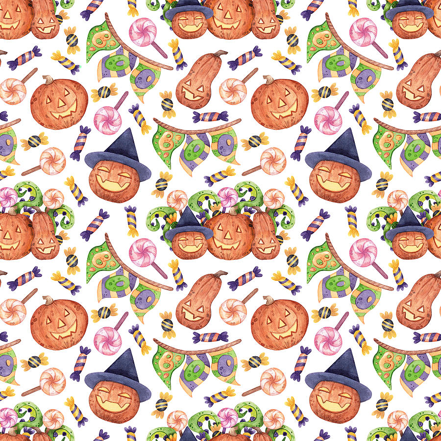 Bright Hand Drawn Seamless Pattern On A Halloween Theme. Watercolor Background With Jack O Lantern, Monster Tentacles, Halloween Decorations And Sweets Drawing By Julien. Fine Art America