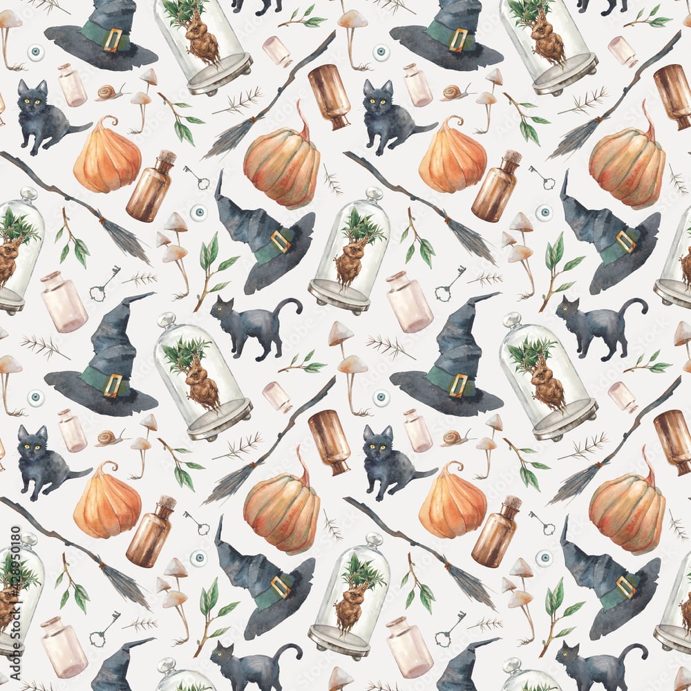 Halloween repeating background. Watercolor seamless pattern with black cats, pumpkins, broom, mandrake, mushrooms, poison. Witch wallpaper design Stock Illustration