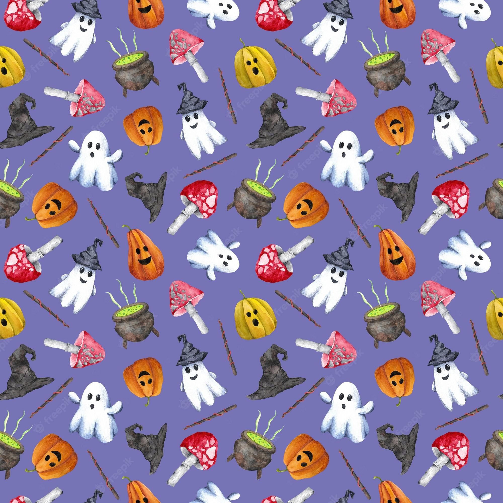 Premium Photo. Watercolor hand drawn halloween seamless pattern on violet background. trick or treat background. cute halloween print for paper, covering, wrapping, wallpaper, cards, greetings and decoration