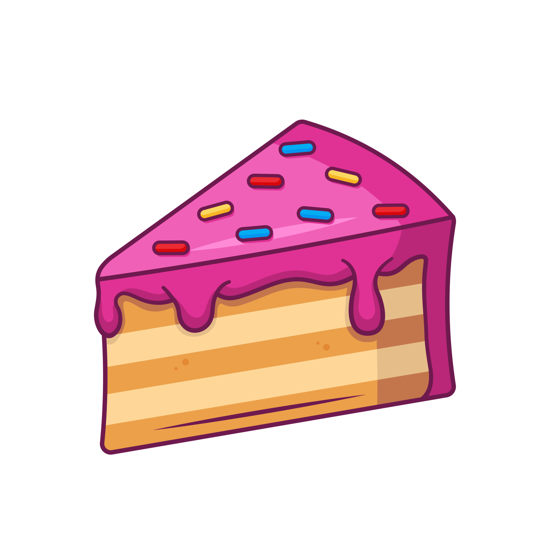 Piece of cake with pink cream and decorative topping. Vector illustration in flat cartoon style