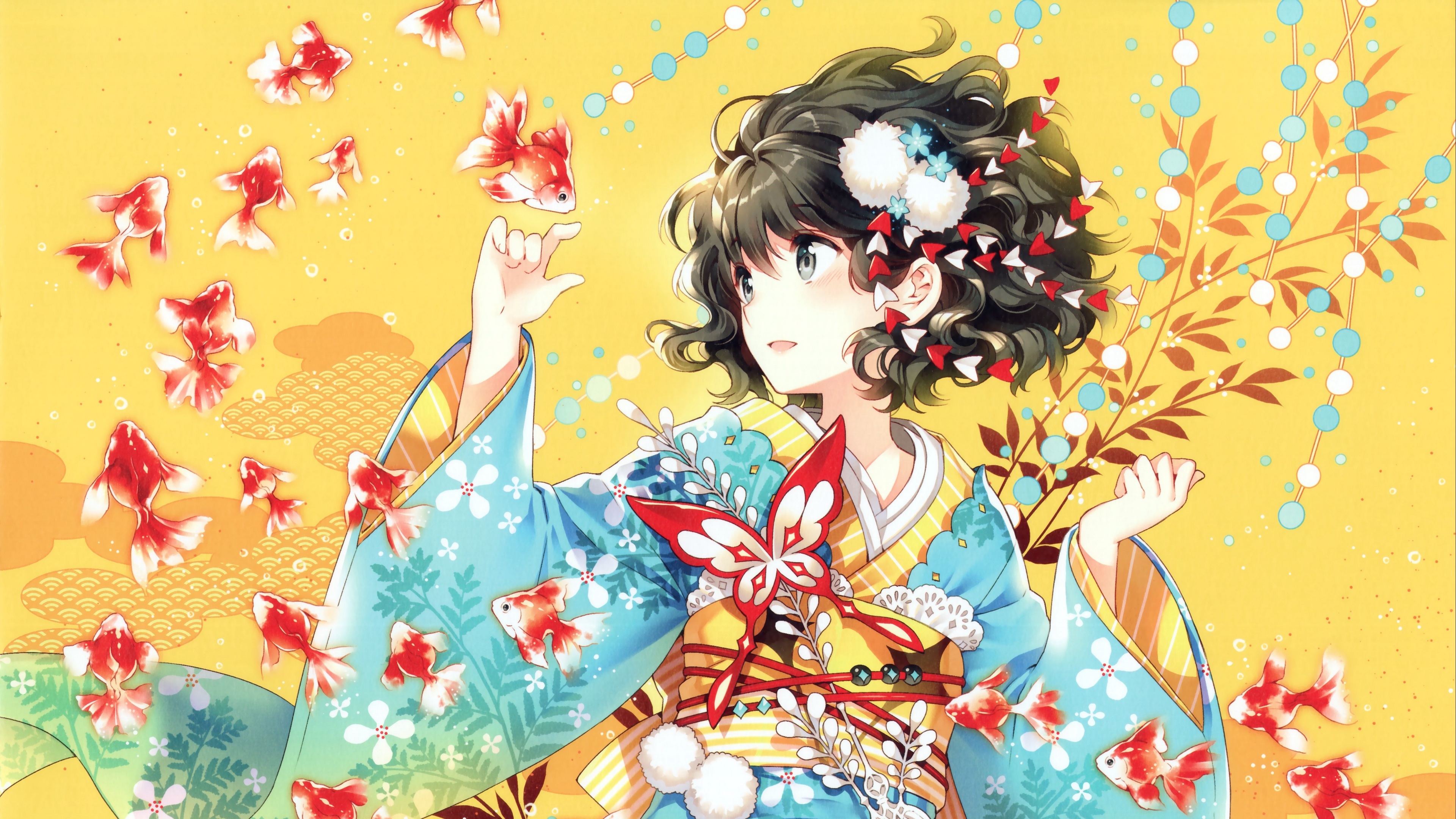 Wallpaper 4k anime, girl, kimono, fish, art, butterfly 4k Wallpaper