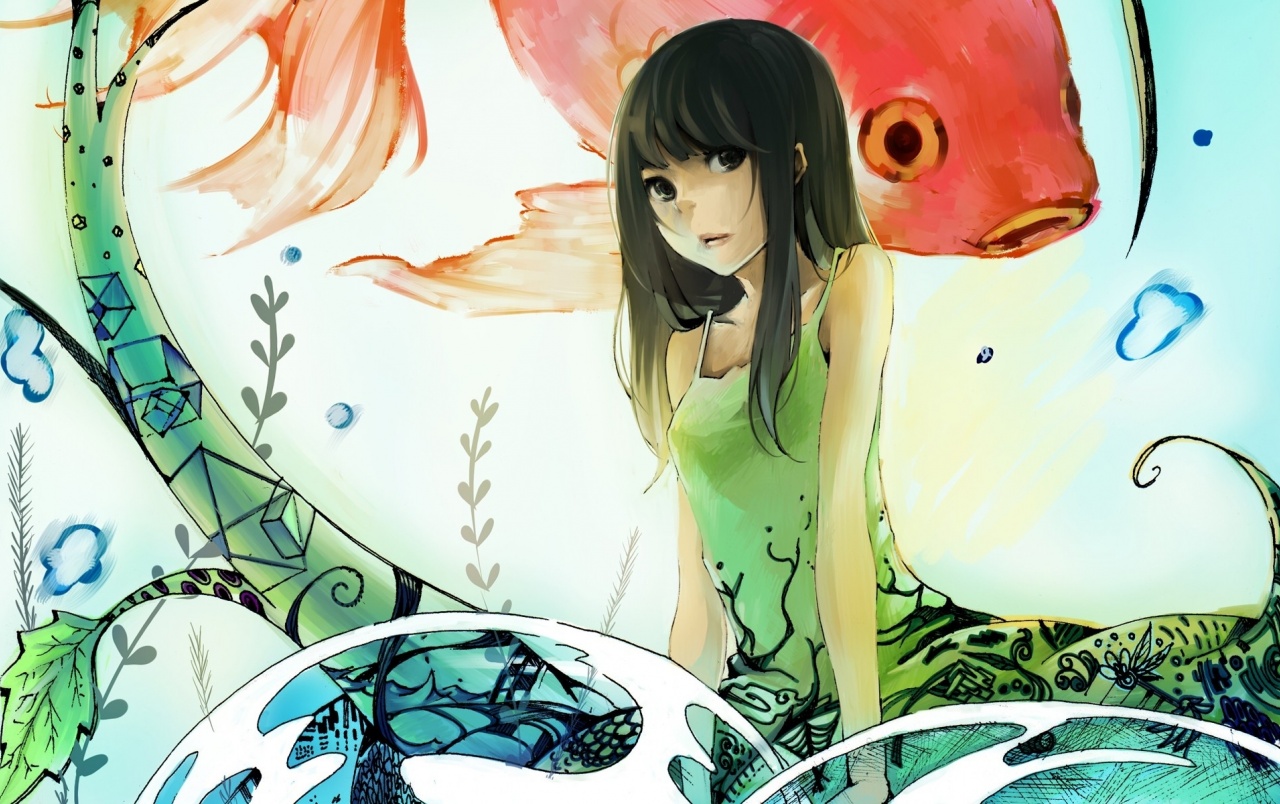 Cute Anime Girl & Fishes wallpaper. Cute Anime Girl & Fishes