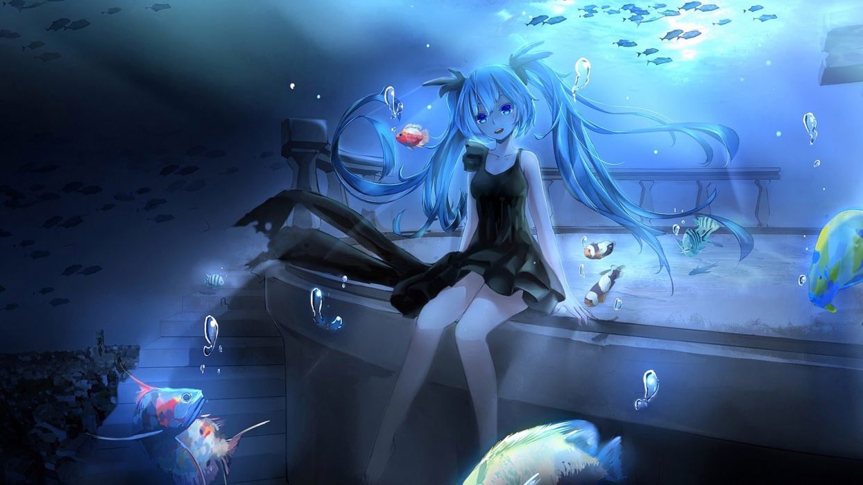 Anime girls Vocaloid Hatsune Miku water fish underwater wallpaperx1080