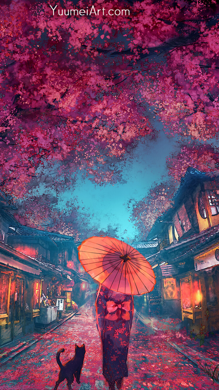 Anime Girl on City Street with Sakura Trees at Dusk