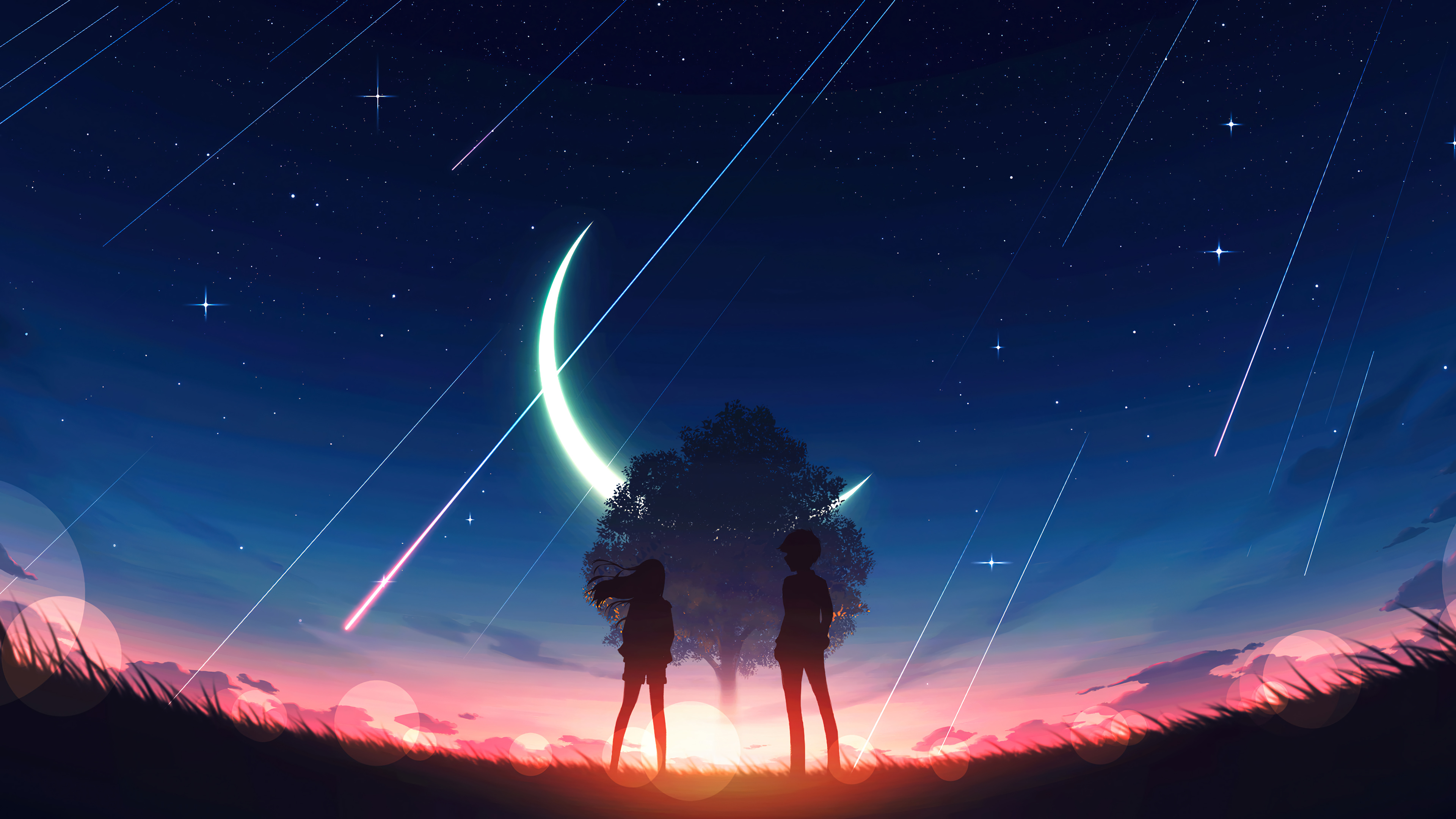 Anime Anime Girls Sunset Stars Starry Night Wallpaper:3840x2160