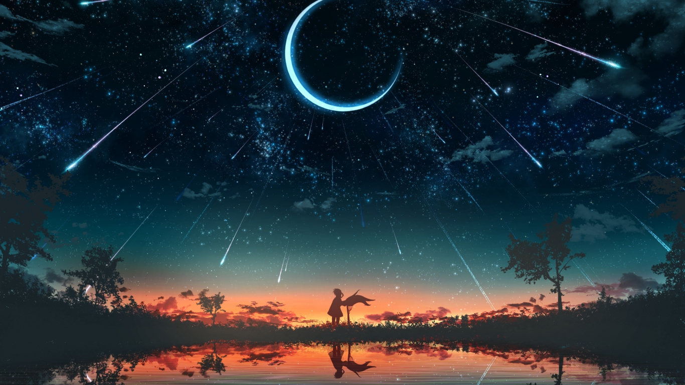 Anime original night crescent silhouette star trails