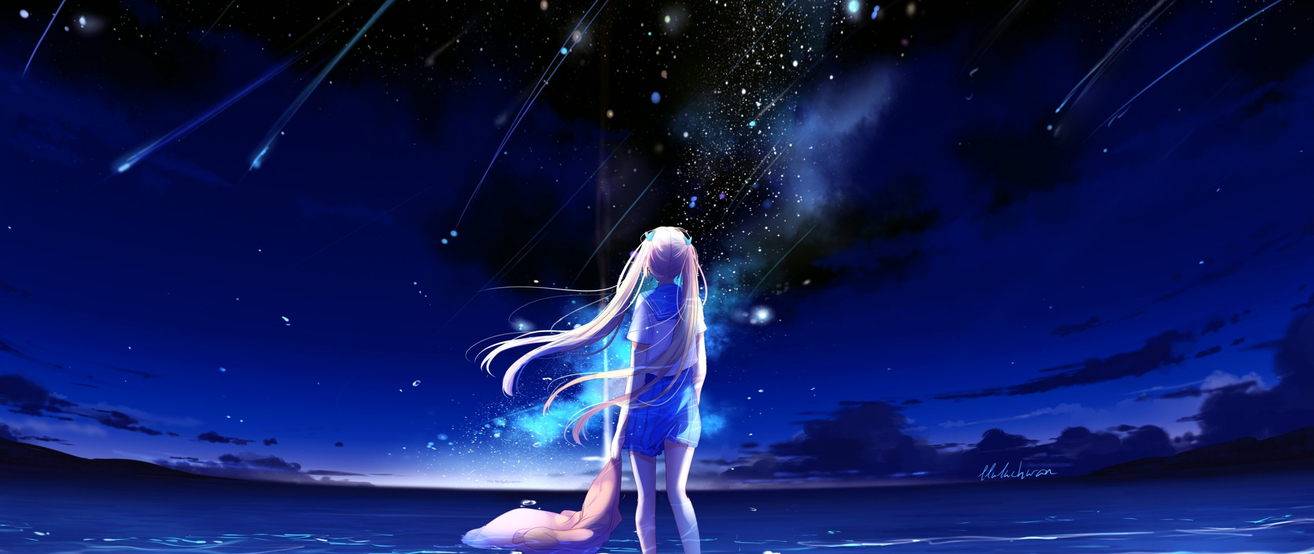 Download anime girl, outdoor, night, starfall 2560x1080 wallpaper, dual wide 2560x1080 HD image, background, 5622