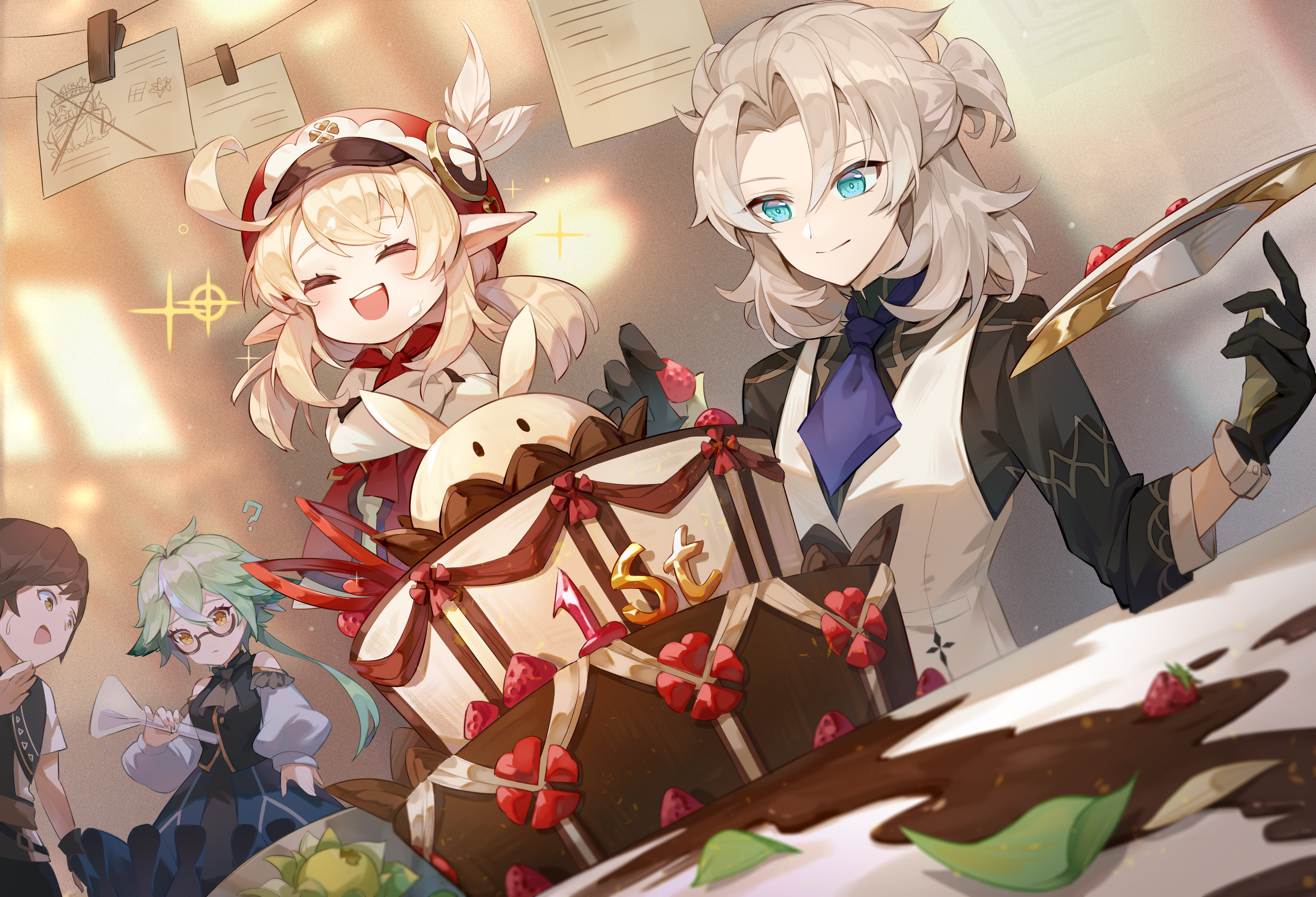 klee, albedo, jumpy dumpty, sucrose, and timaeus (genshin impact) drawn