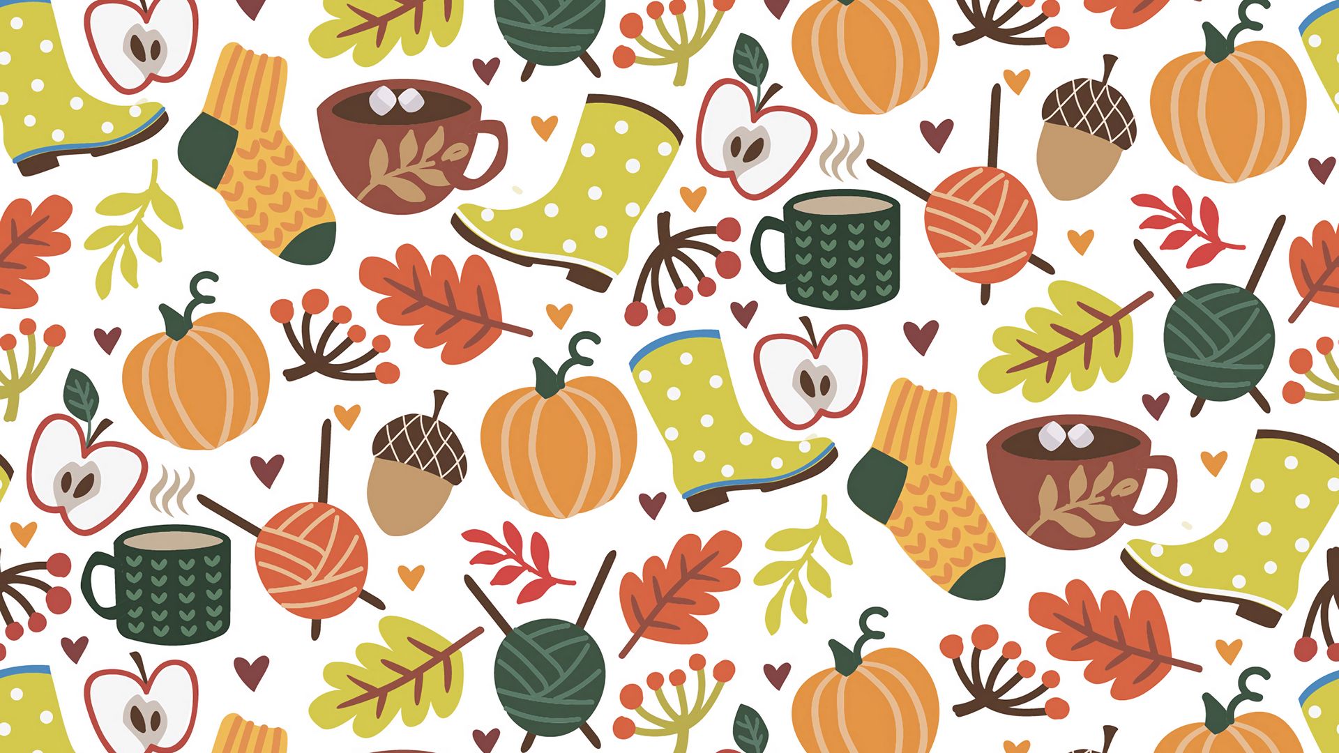Download wallpaper 1920x1080 autumn, pattern, comfort, socks, cocoa, leaves full hd, hdtv, fhd, 1080p HD background