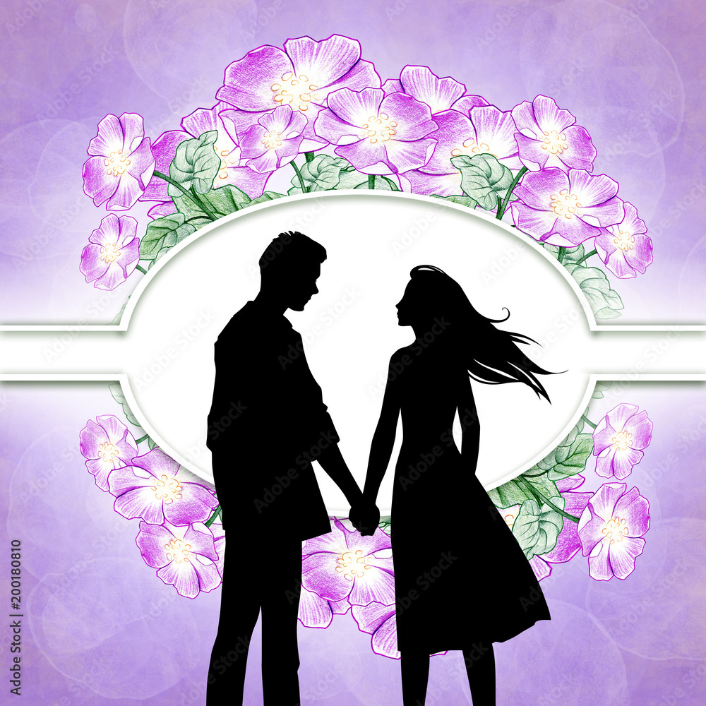 Beautiful cartoon black silhouette illustration of a young couple in love holding hands on a romantic background Stock Illustration