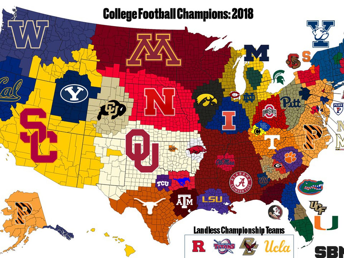 A complete college football Empires Map of national championship claims