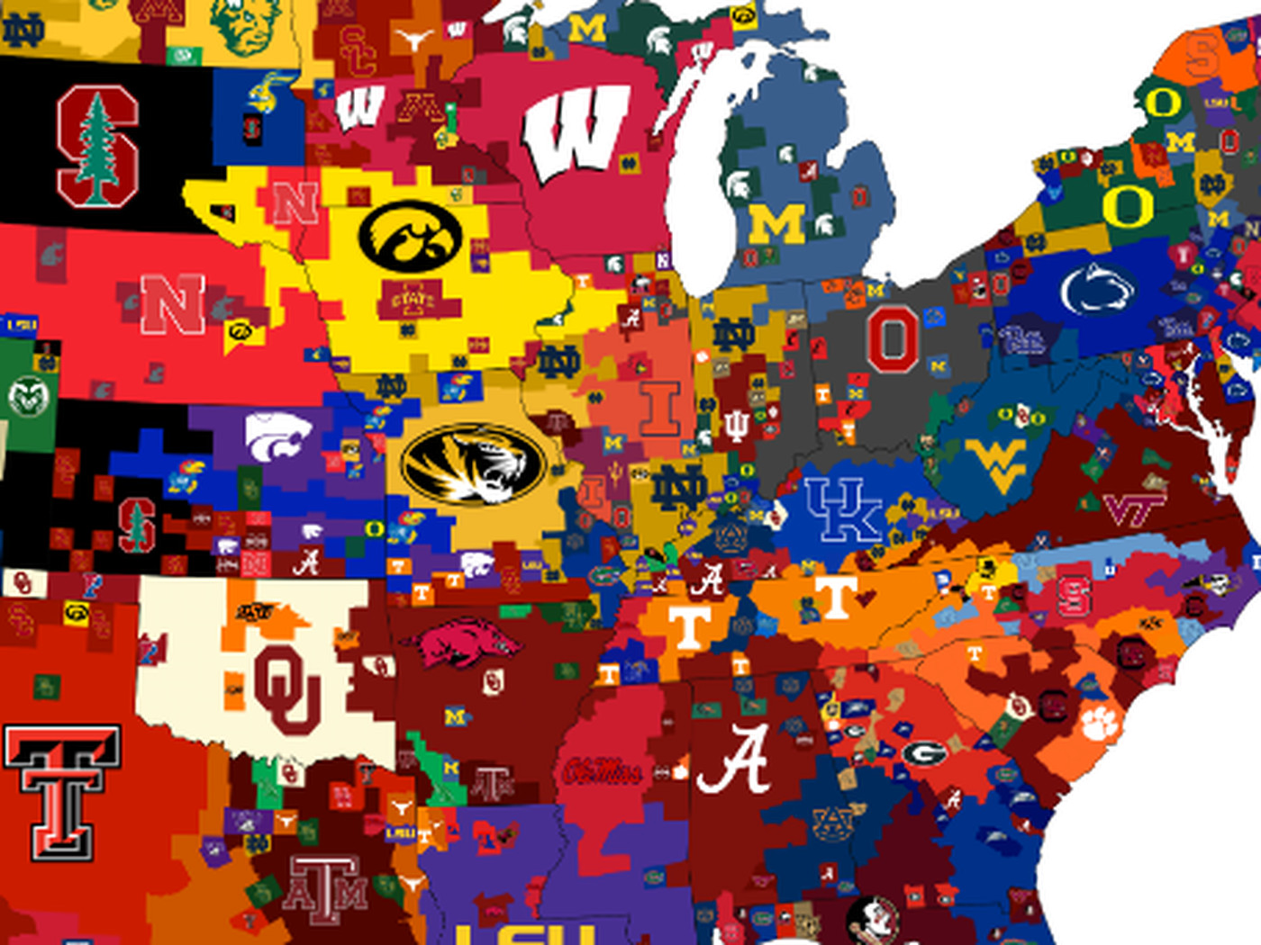 different maps that show the most popular college football teams across America