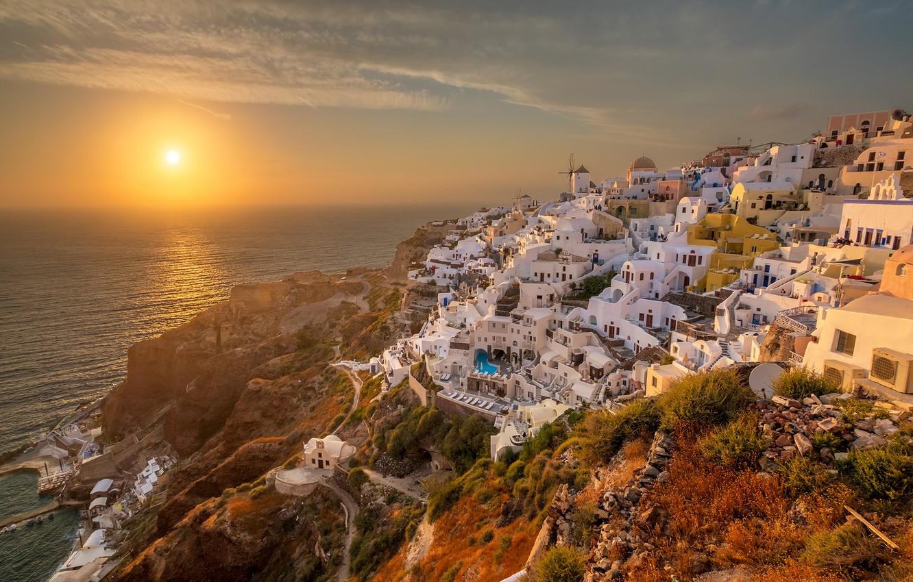 Wallpaper the sun, sunset, Greece, the island of Santorini image for desktop, section город