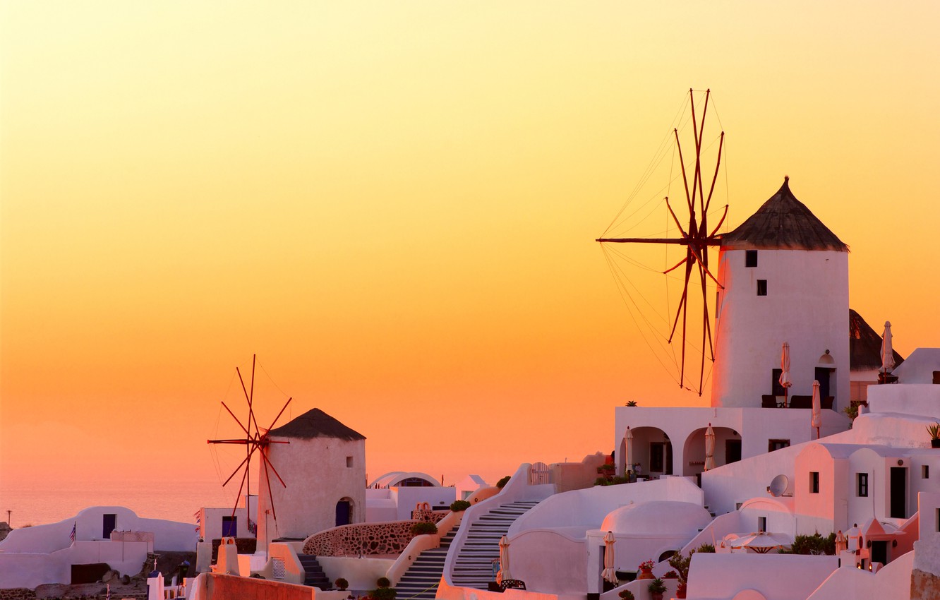 Wallpaper sunset, the city, home, the evening, Santorini, Greece, mill, Santorini, Oia, Greece, wind image for desktop, section город