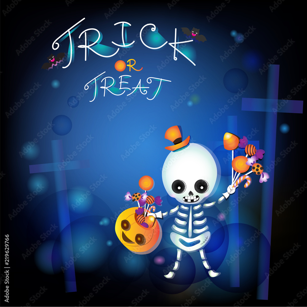 Kid halloween skeleton magician with pumpkin and candy in blue background. Cute character design.Happy halloween night party concept background.Cartoon vector illustration. Stock Vector